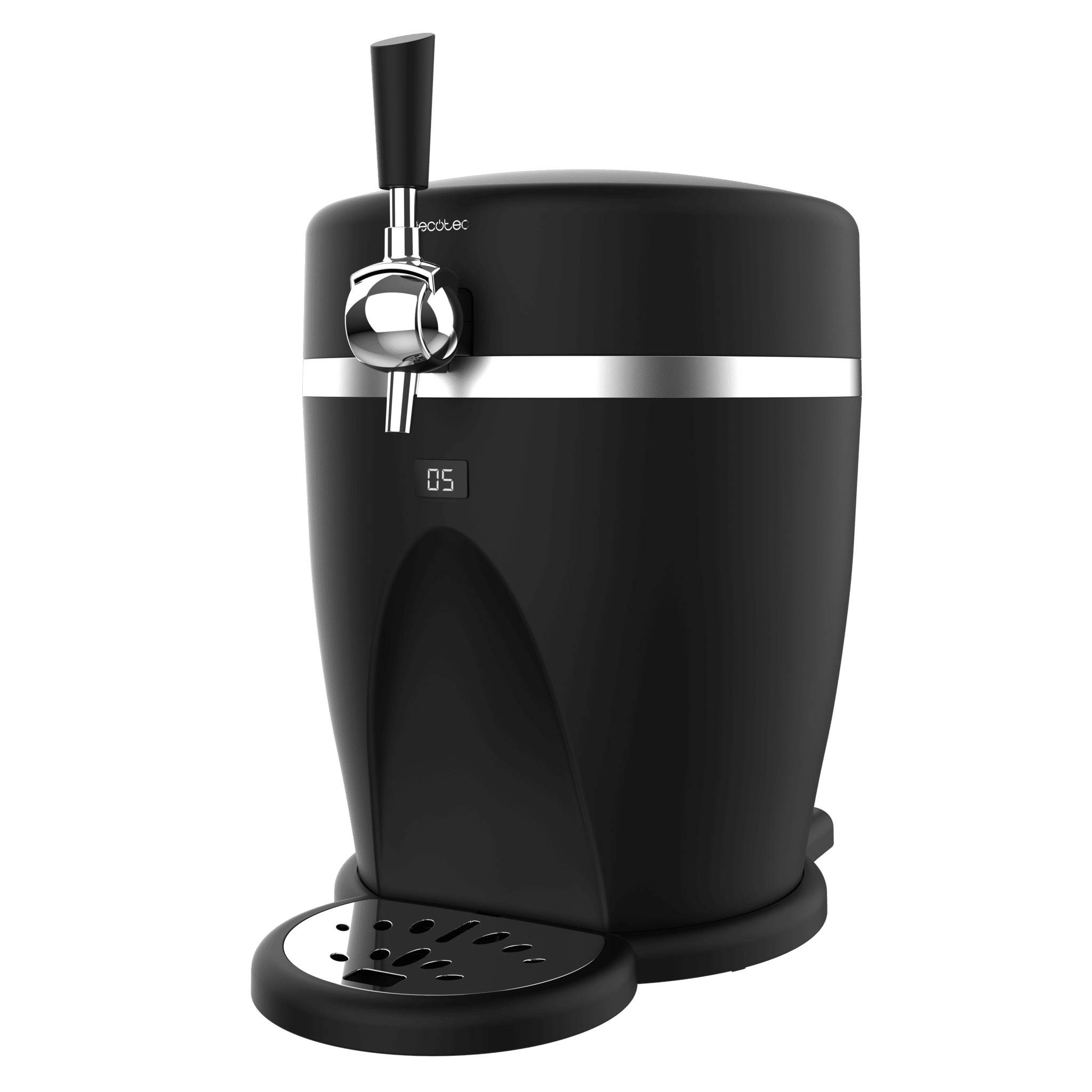 Dispensador de cerveza negro con grifo cromado y pantalla digital.
