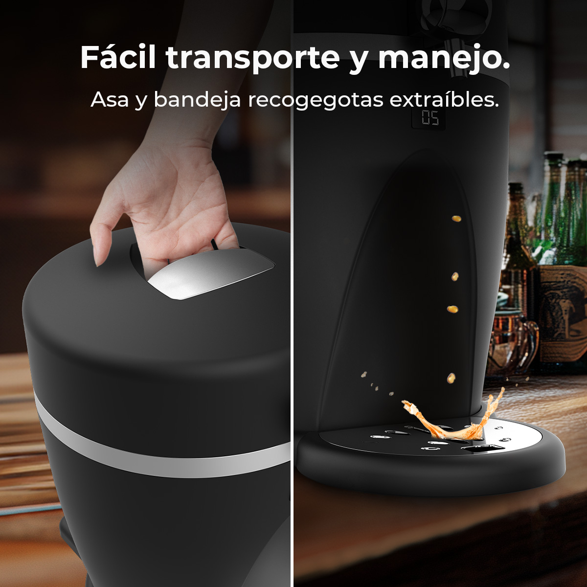 Mano levanta asa de contenedor negro; gotas caen en máquina negra con botellas al fondo.