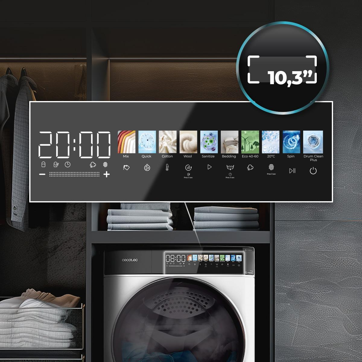 Una lavadora con pantalla táctil que muestra varios programas.