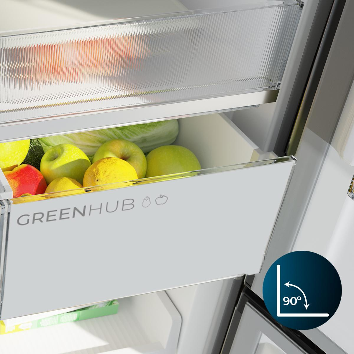 Cajón de refrigerador con manzanas, limones y lechuga. Logo "GREENHUB".