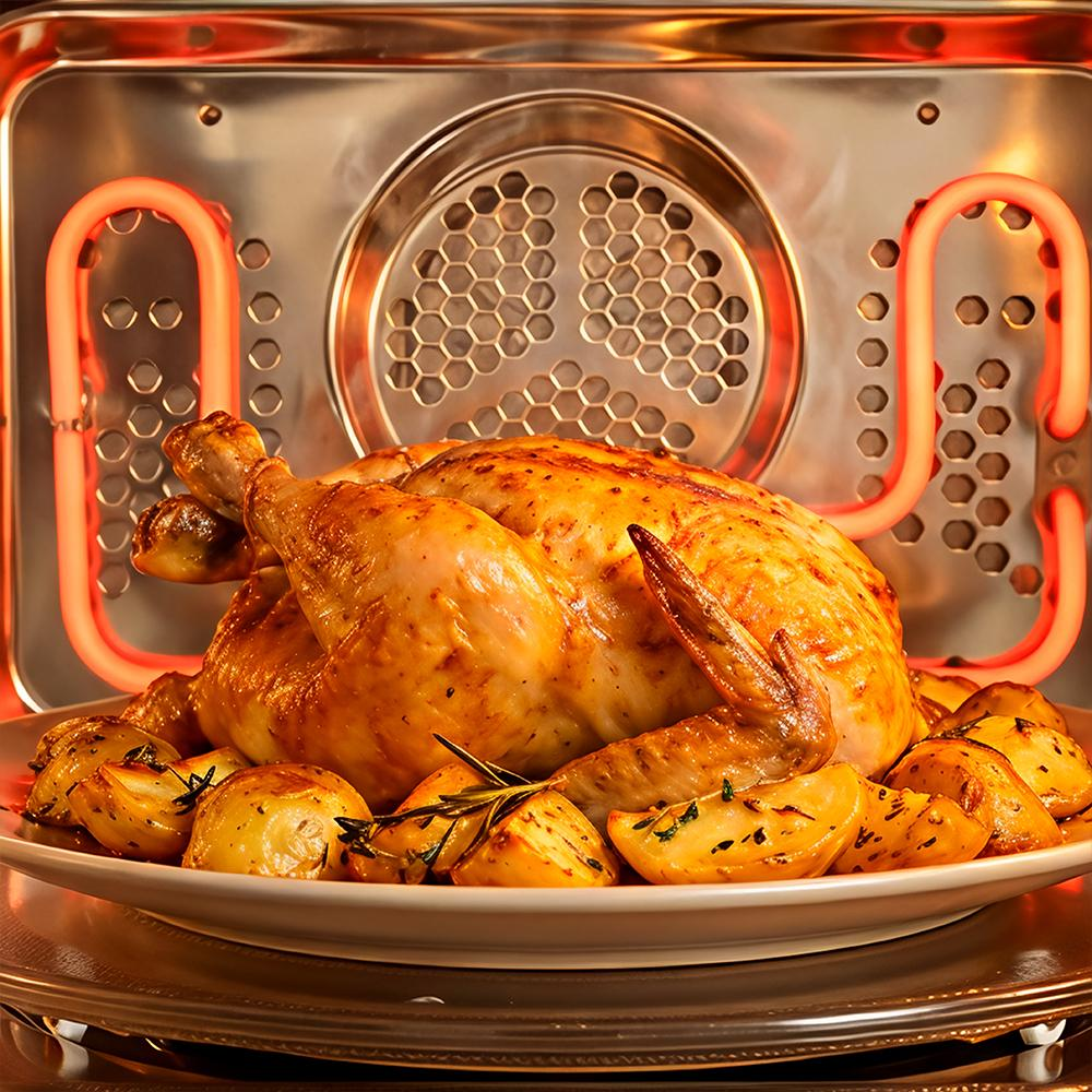 Pollo entero asado con patatas dentro de un horno con elementos calefactores brillantes.