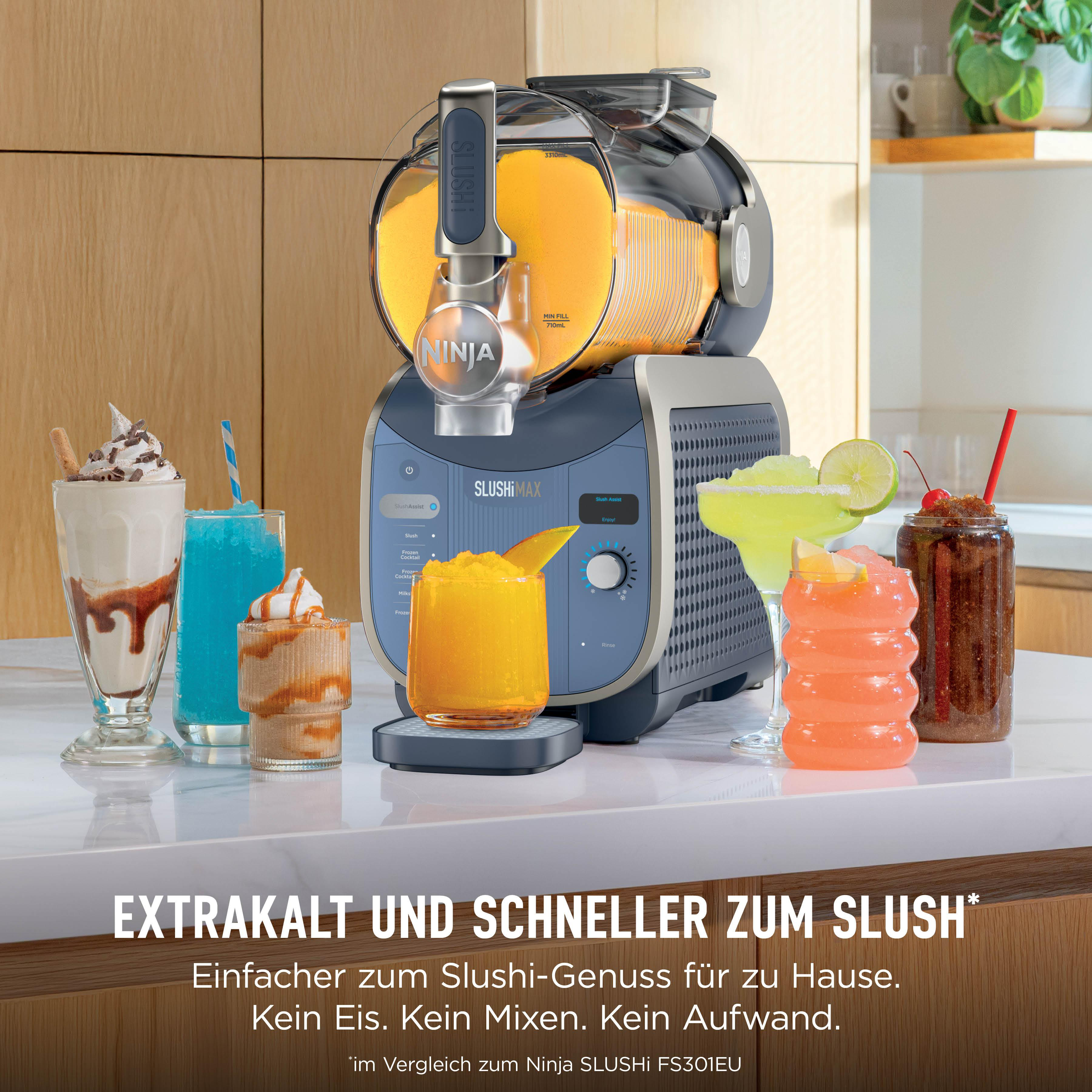 Ninja Slush-Maschine mit bunten Slush-Getränken und Desserts daneben.