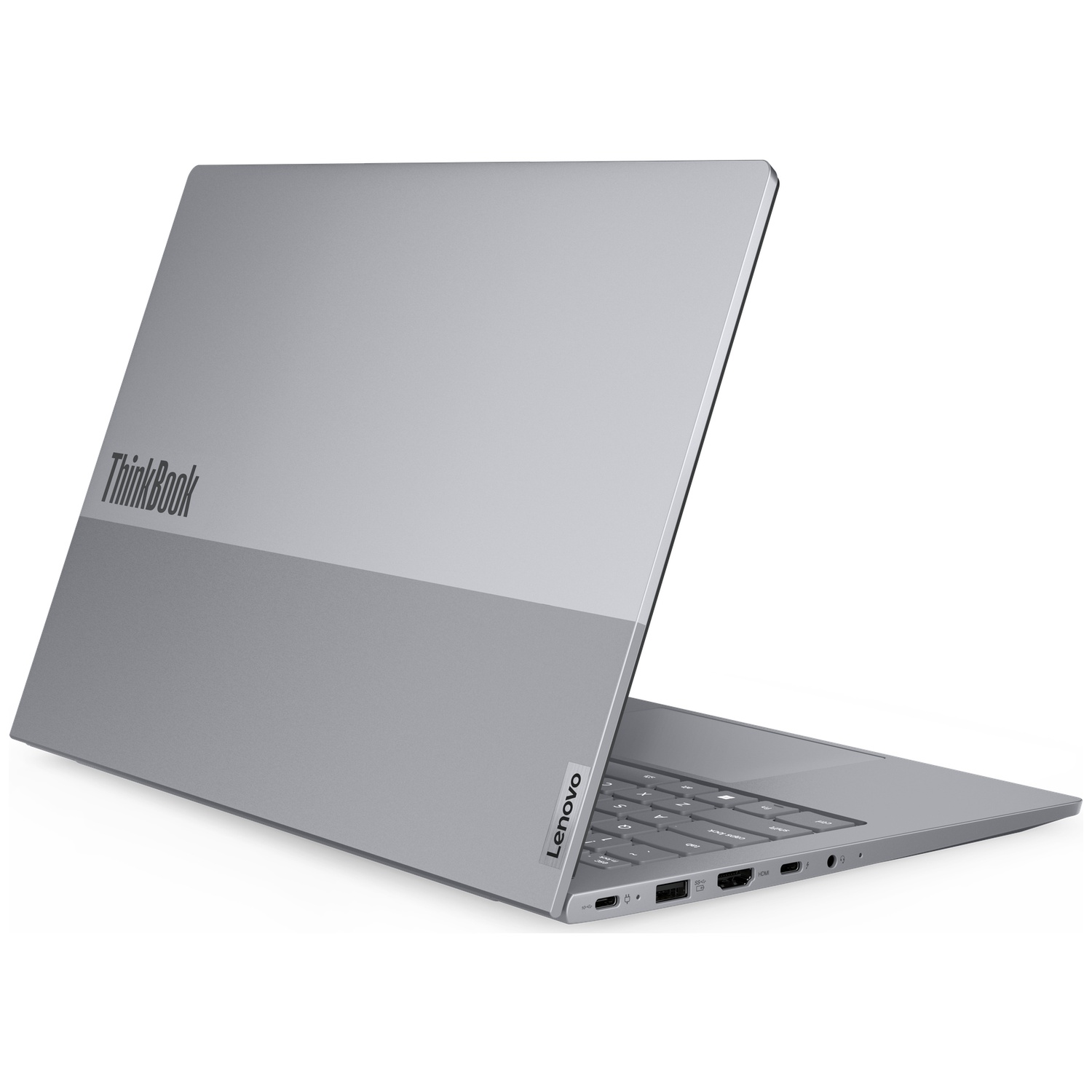 A silver laptop with ThinkBook and Lenovo logos, on a white background.