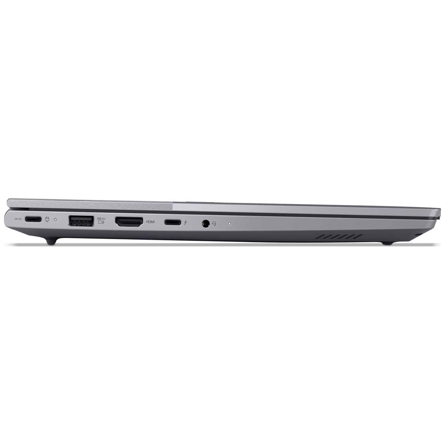 Gray laptop side view showing ports: USB-C, USB-A, HDMI, headphone jack.
