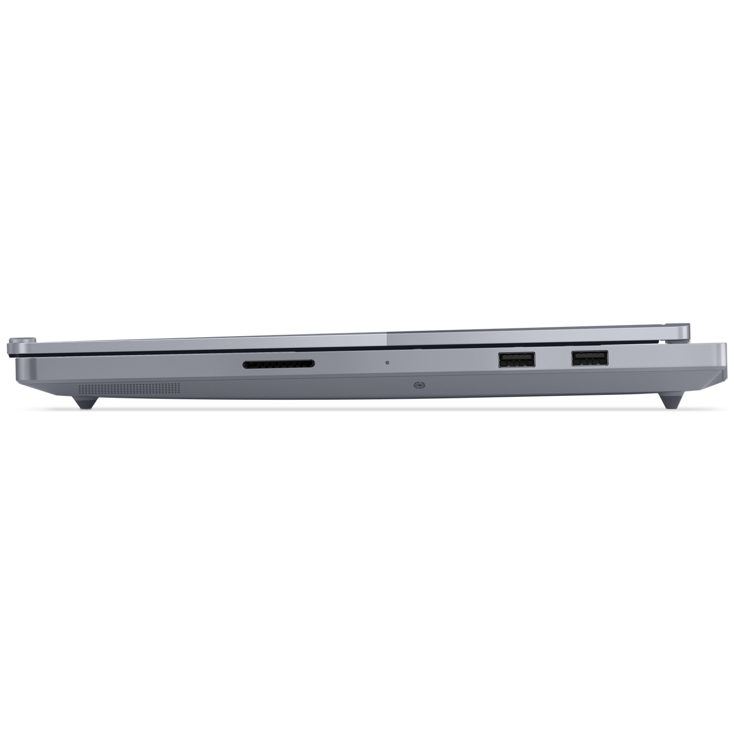 Gray laptop in side profile with two USB ports and ventilation slots.