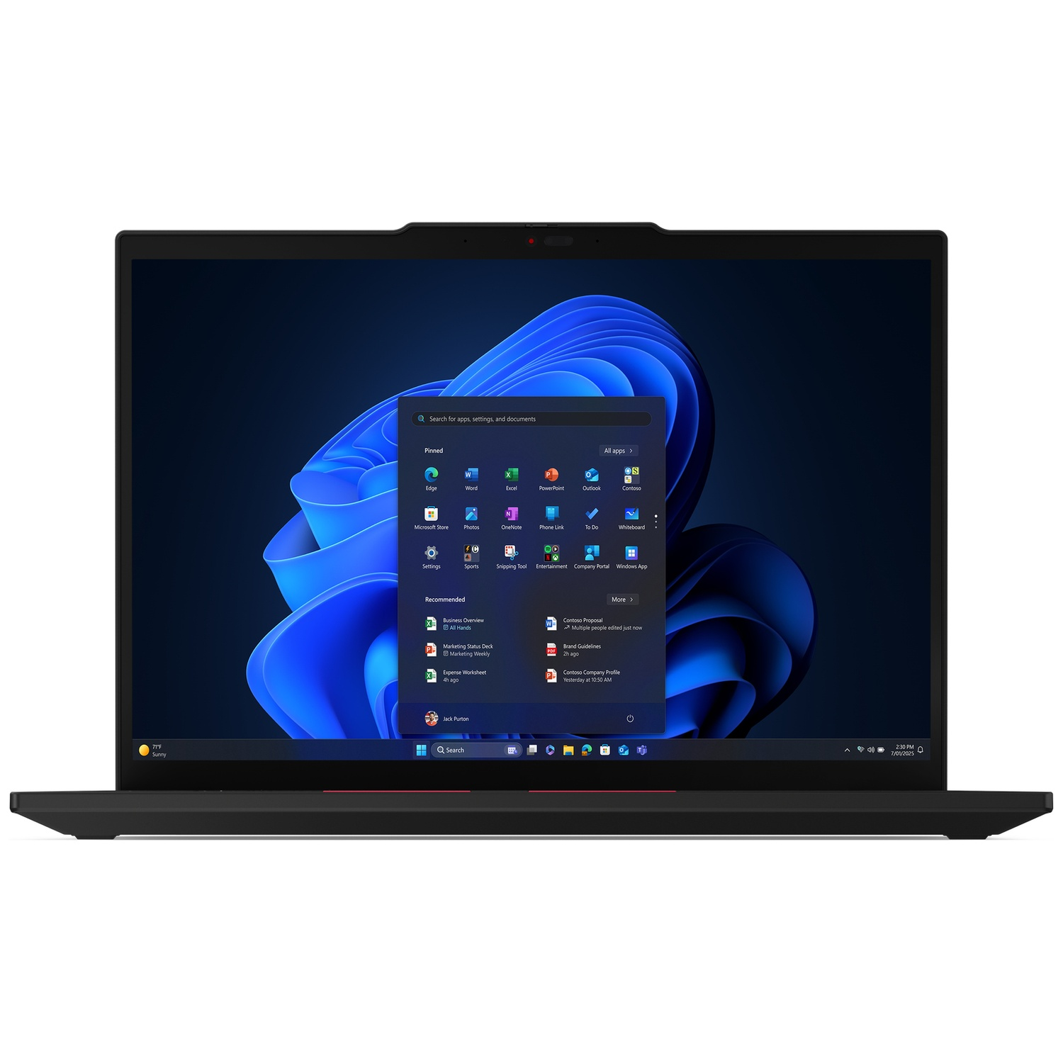 Black laptop showing Windows 11 start menu with blue wavy wallpaper.