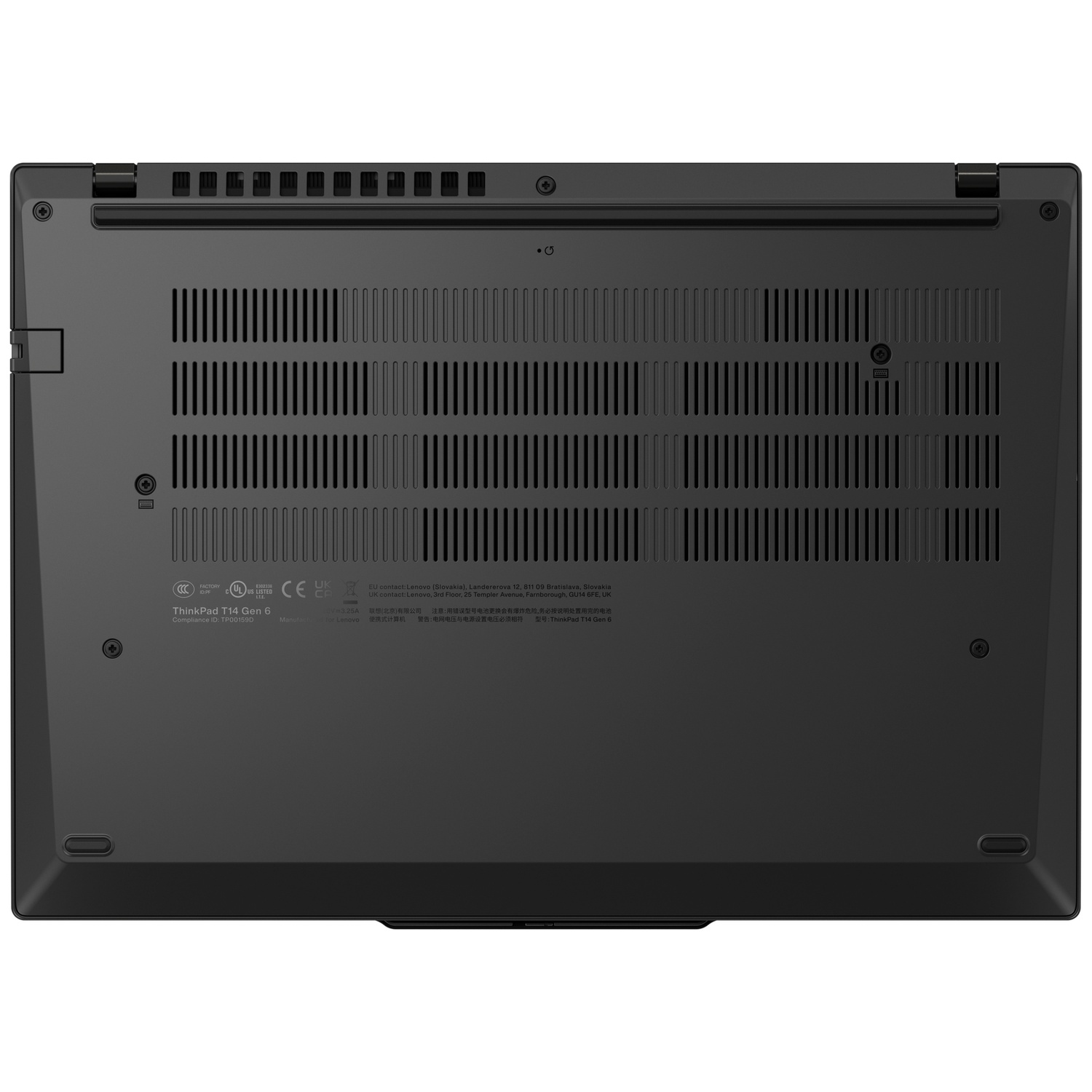 Bottom view of a black laptop with ventilation slots and labels.