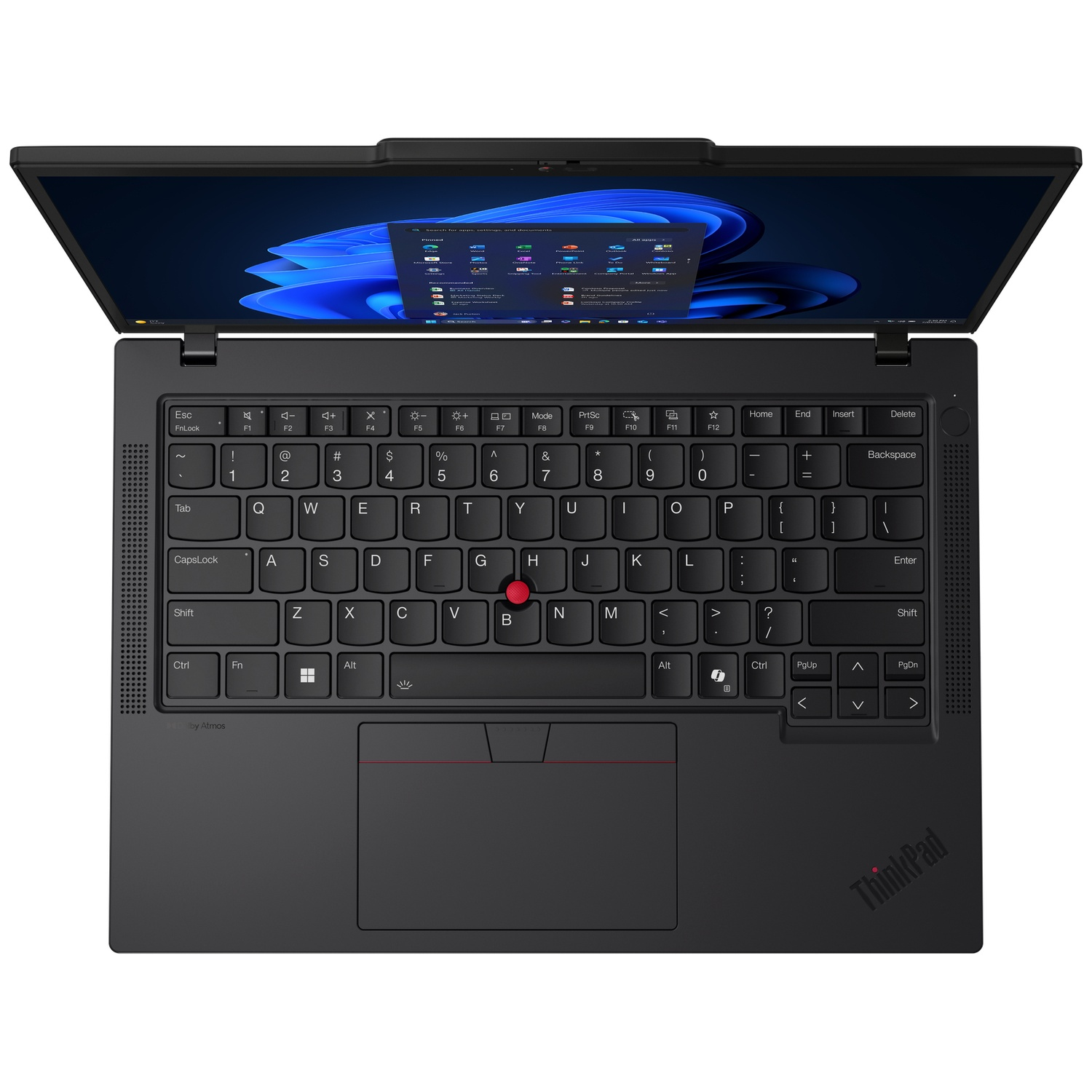 A black laptop with its screen open, showing the keyboard. The ThinkPad logo is visible.