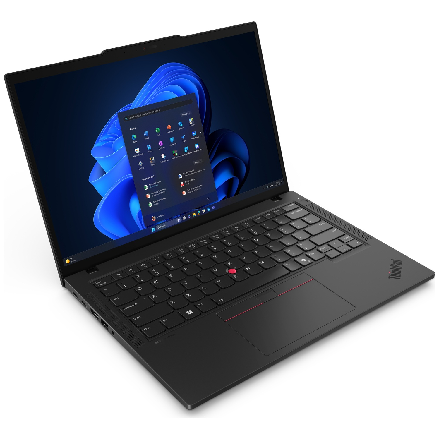 A black laptop with its screen open, displaying the Windows 11 operating system.
