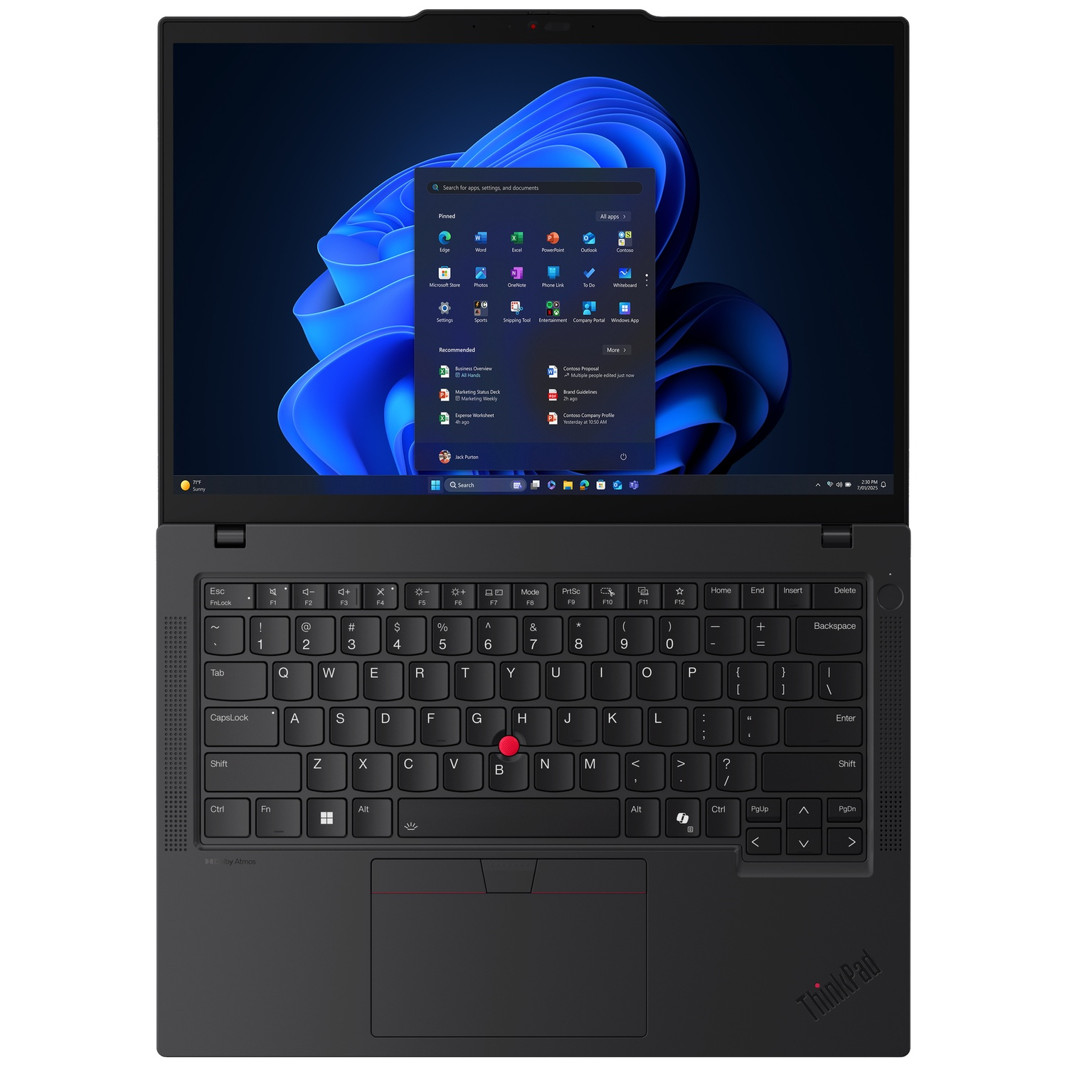 A black laptop with its screen open, displaying Windows 11. The keyboard and trackpad are visible.