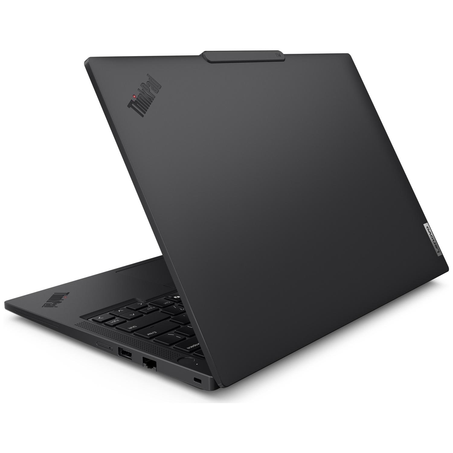An open black Lenovo ThinkPad laptop on a white background.