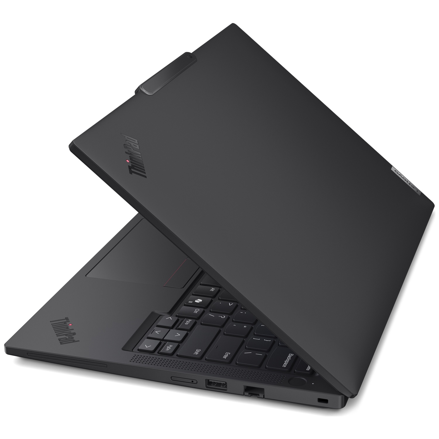An open, black Lenovo ThinkPad laptop showing the keyboard and touchpad.