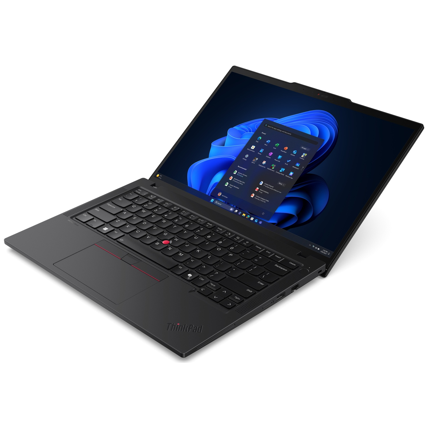 Black laptop with illuminated keyboard and Windows 11 start menu on screen.