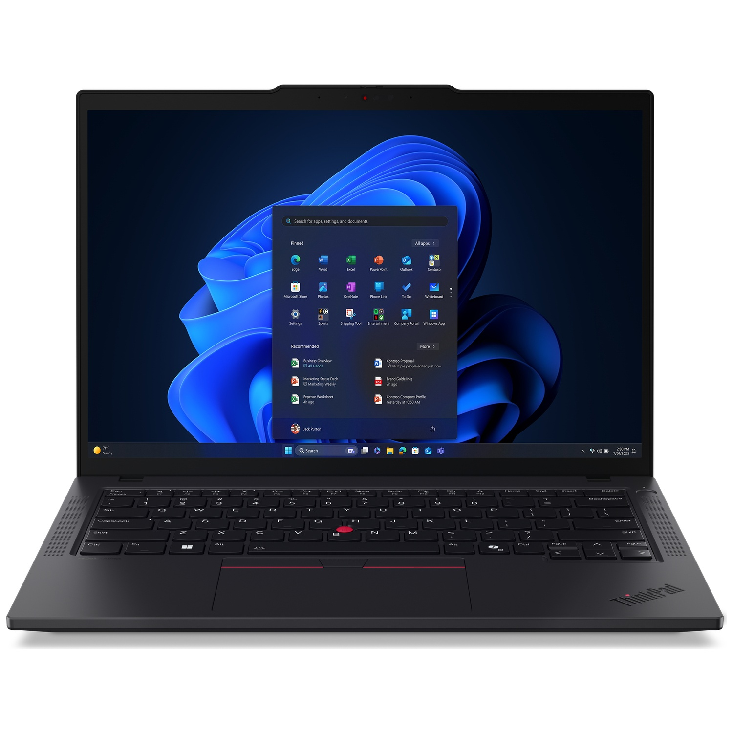 A closed black laptop with the Windows 11 start menu displayed on the screen.