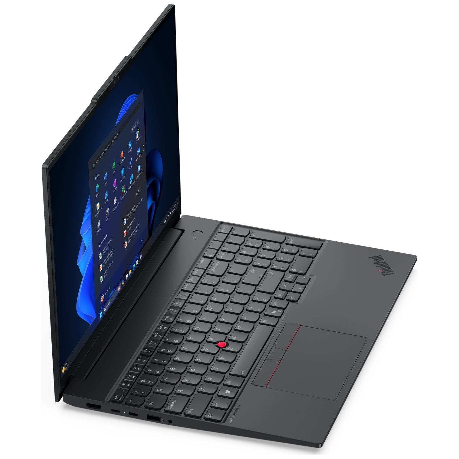 Un ordinateur portable noir Lenovo ThinkPad avec l'écran ouvert, affichant Windows.