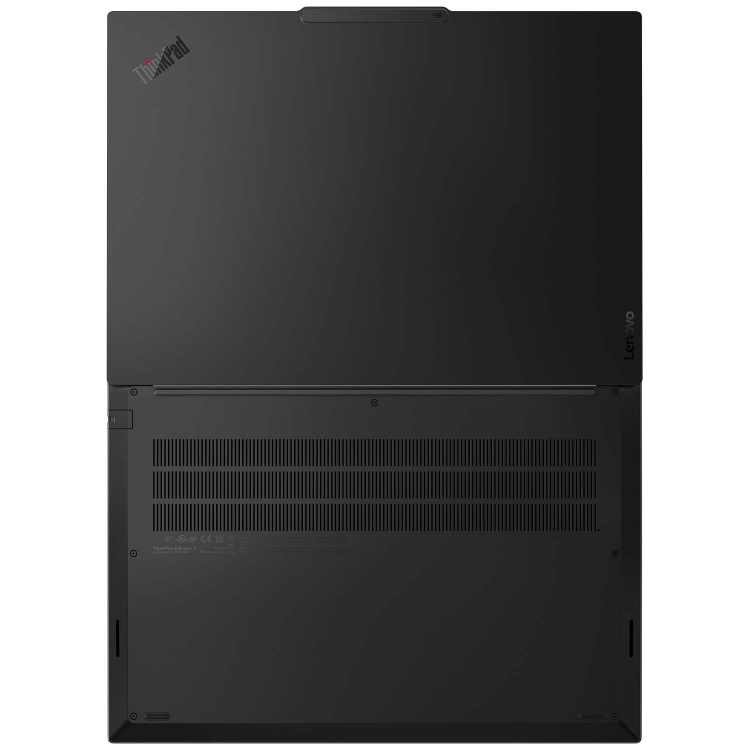 Top view of a black Lenovo ThinkPad E16 Gen 3 laptop, open, showing the bottom casing with vents.