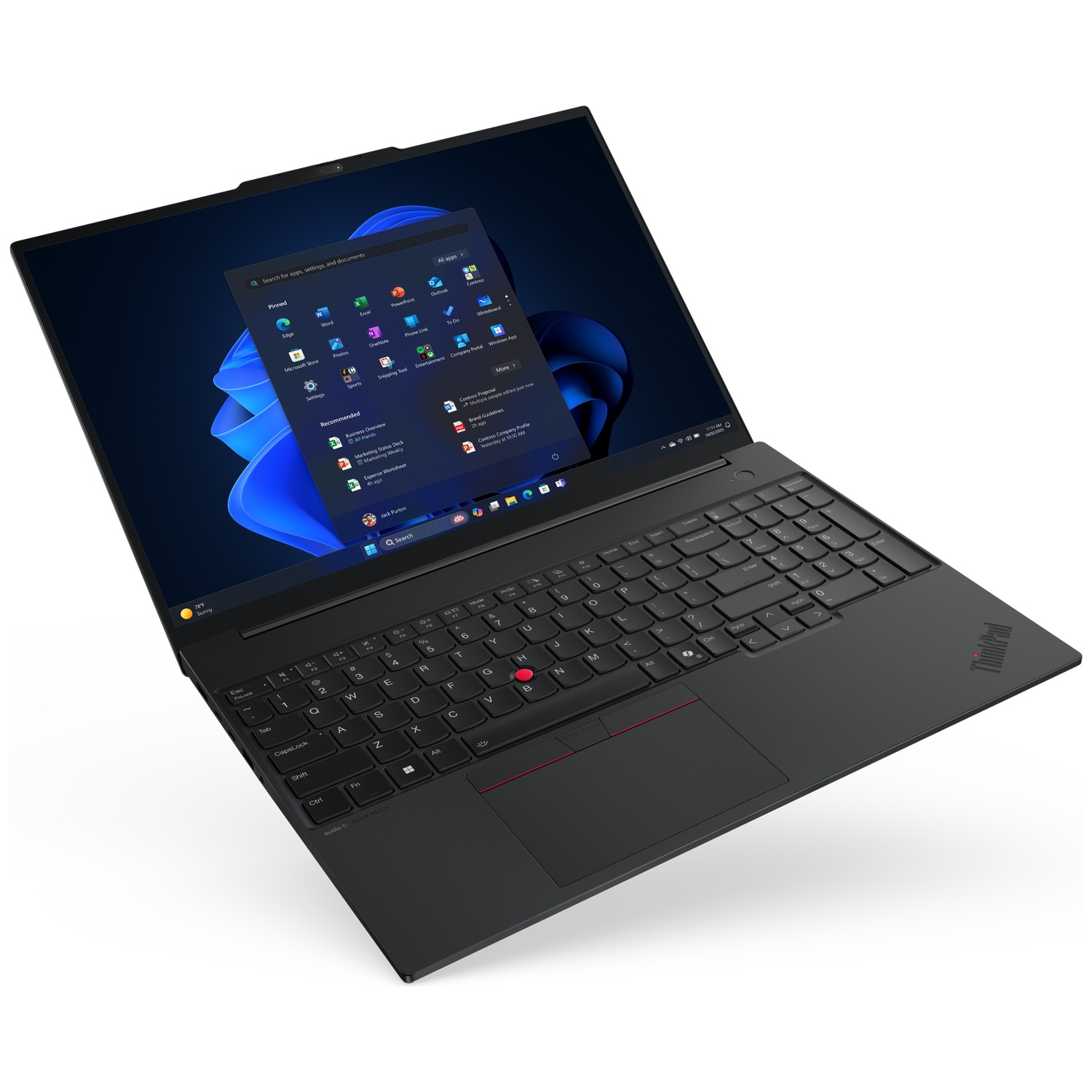 Black laptop with screen open showing Windows 11 start menu.