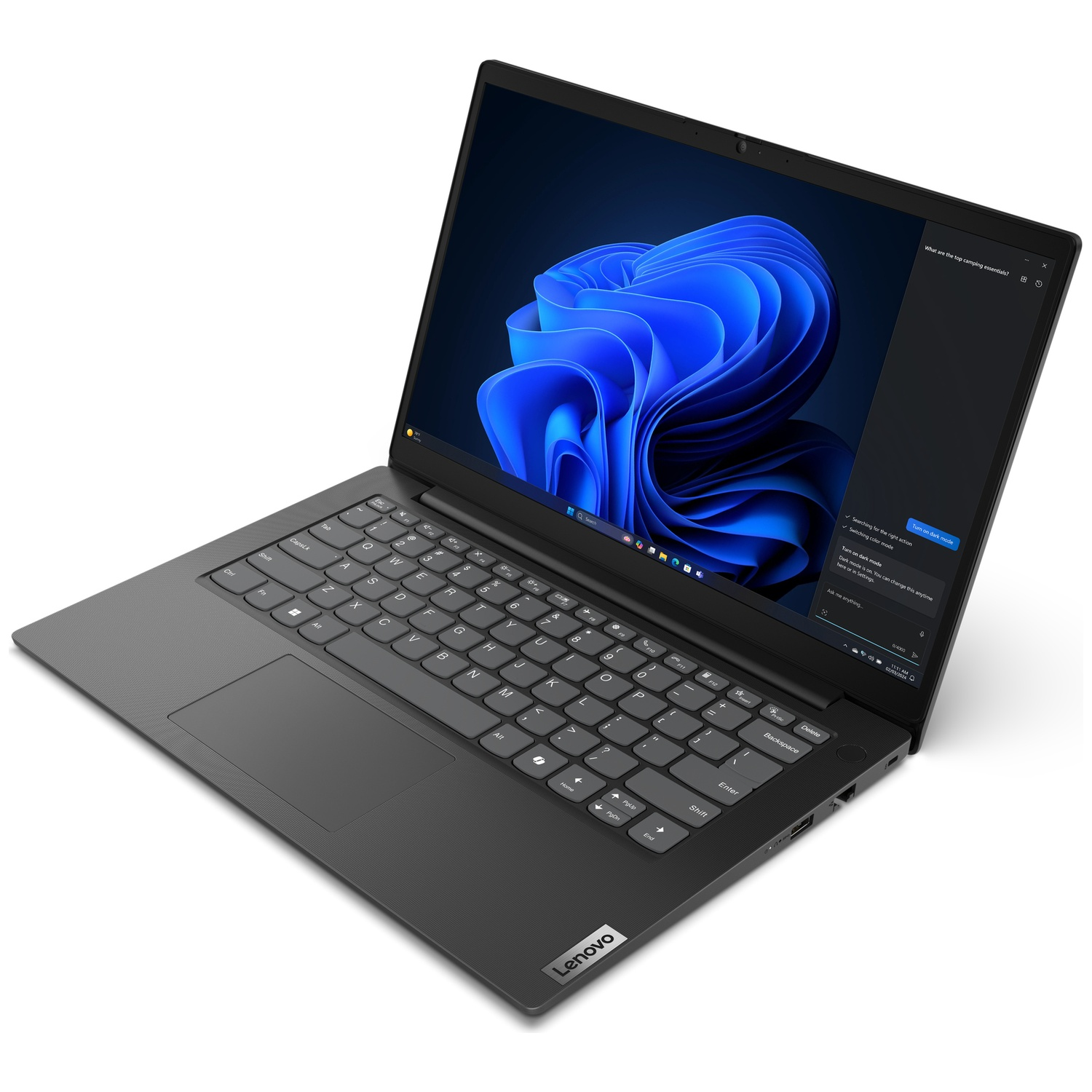 Een donkere Lenovo laptop met een blauw behang op het scherm.