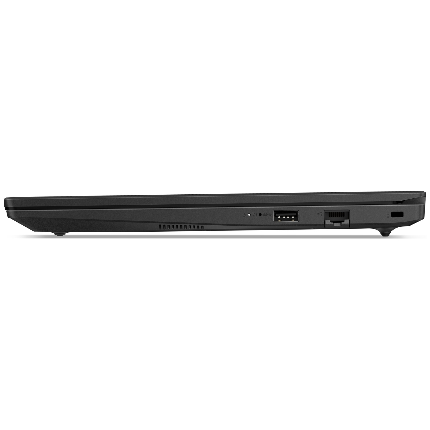 Zijaanzicht van een zwarte laptop met USB-, audio- en Ethernet-poorten.