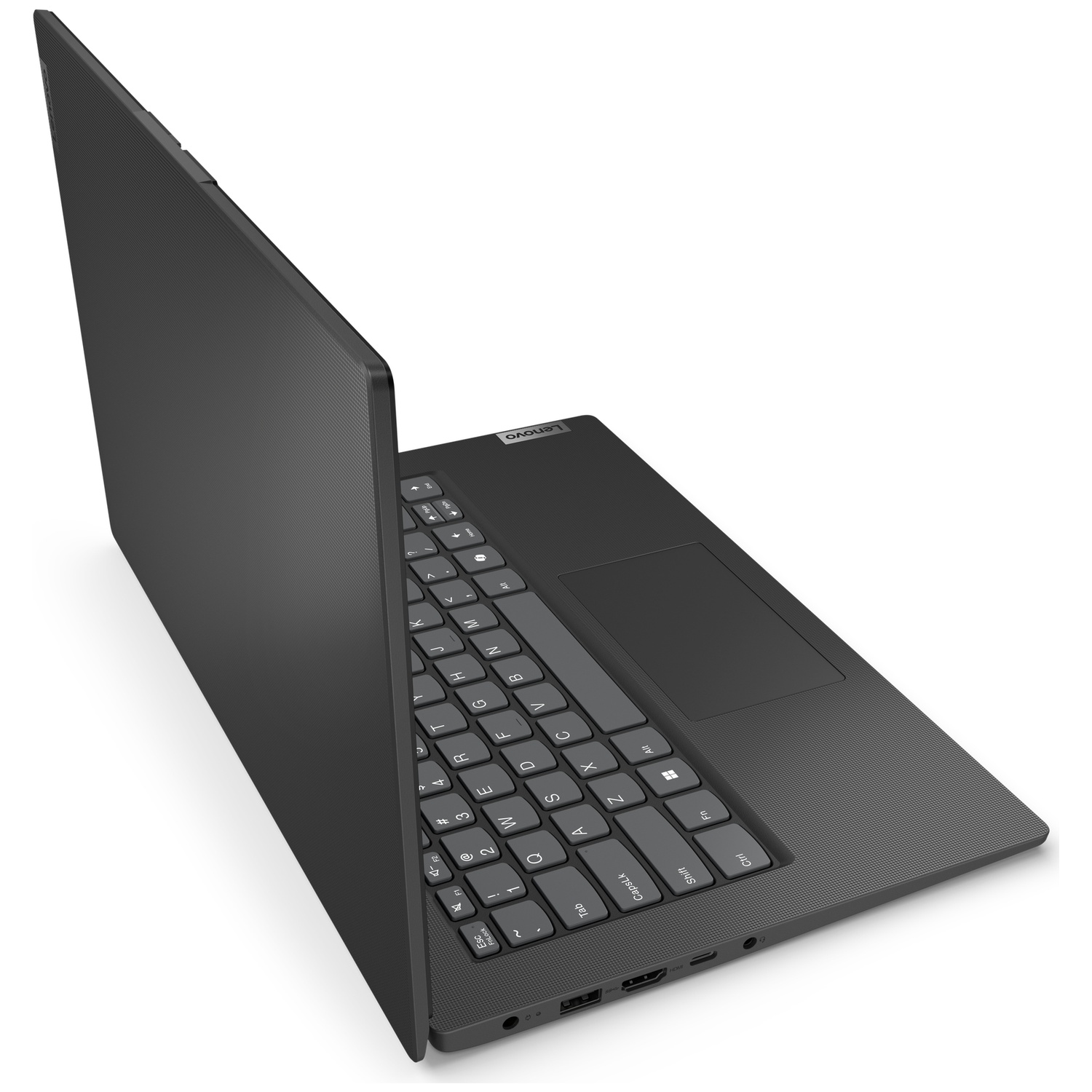 Een donkere Lenovo laptop is open, met zichtbaar toetsenbord en touchpad.