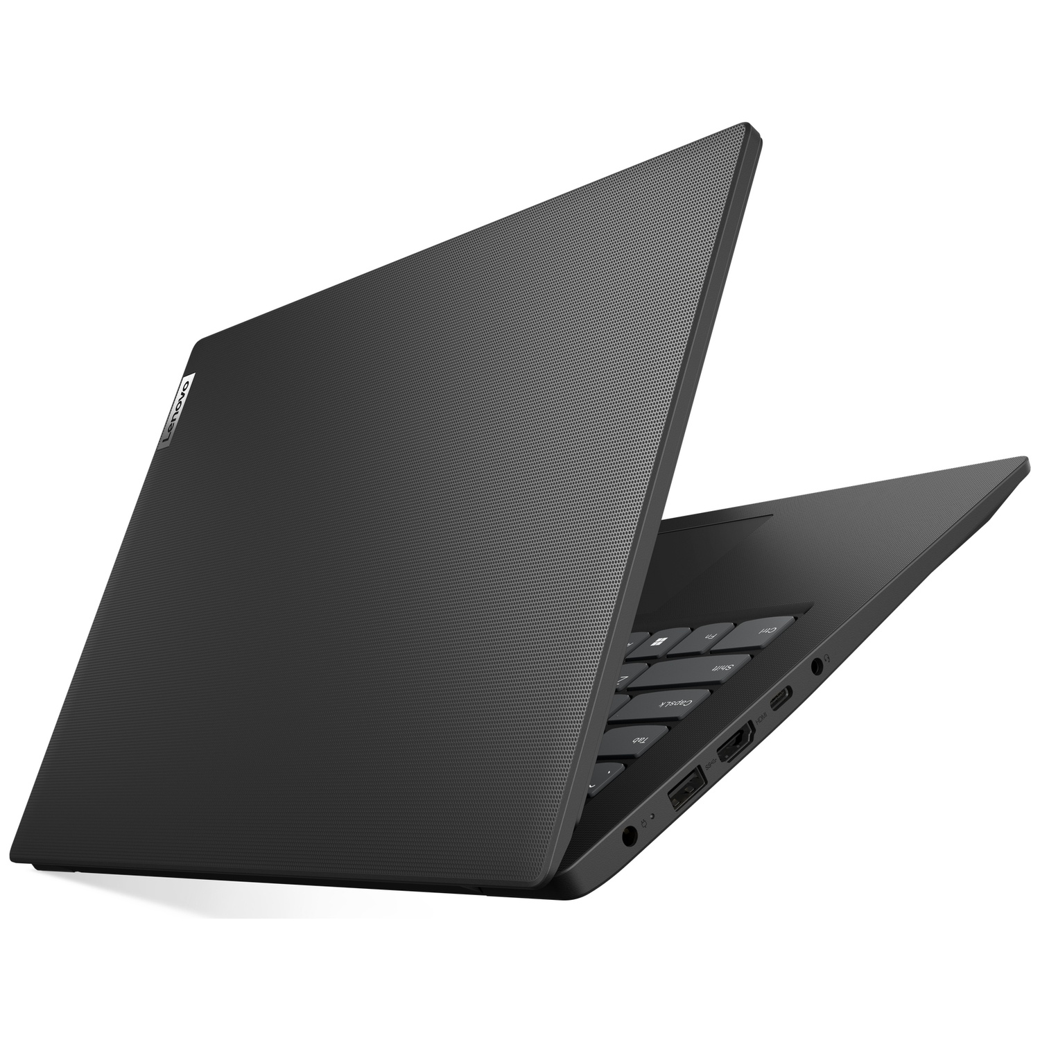 Een donkergrijze Lenovo laptop is open, met toetsenbord en poorten aan de rechterkant zichtbaar.