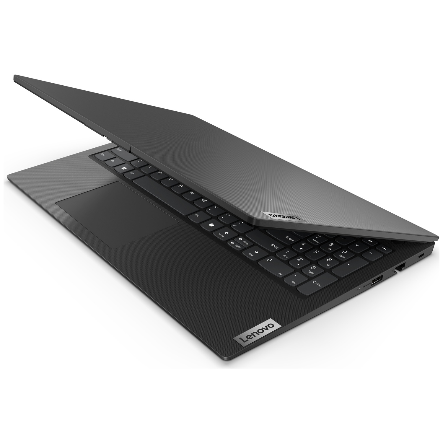 Een donkere Lenovo laptop met het scherm licht geopend. Close-up van het toetsenbord.