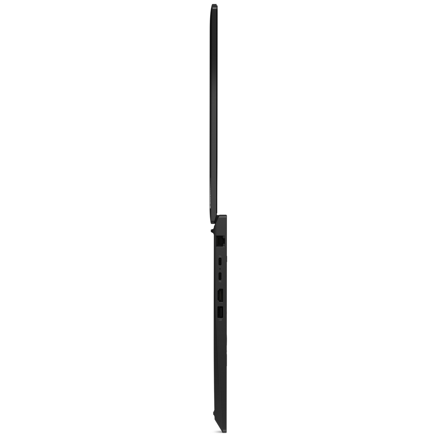 A black laptop shown in profile view, with its screen open and ports visible on the side.