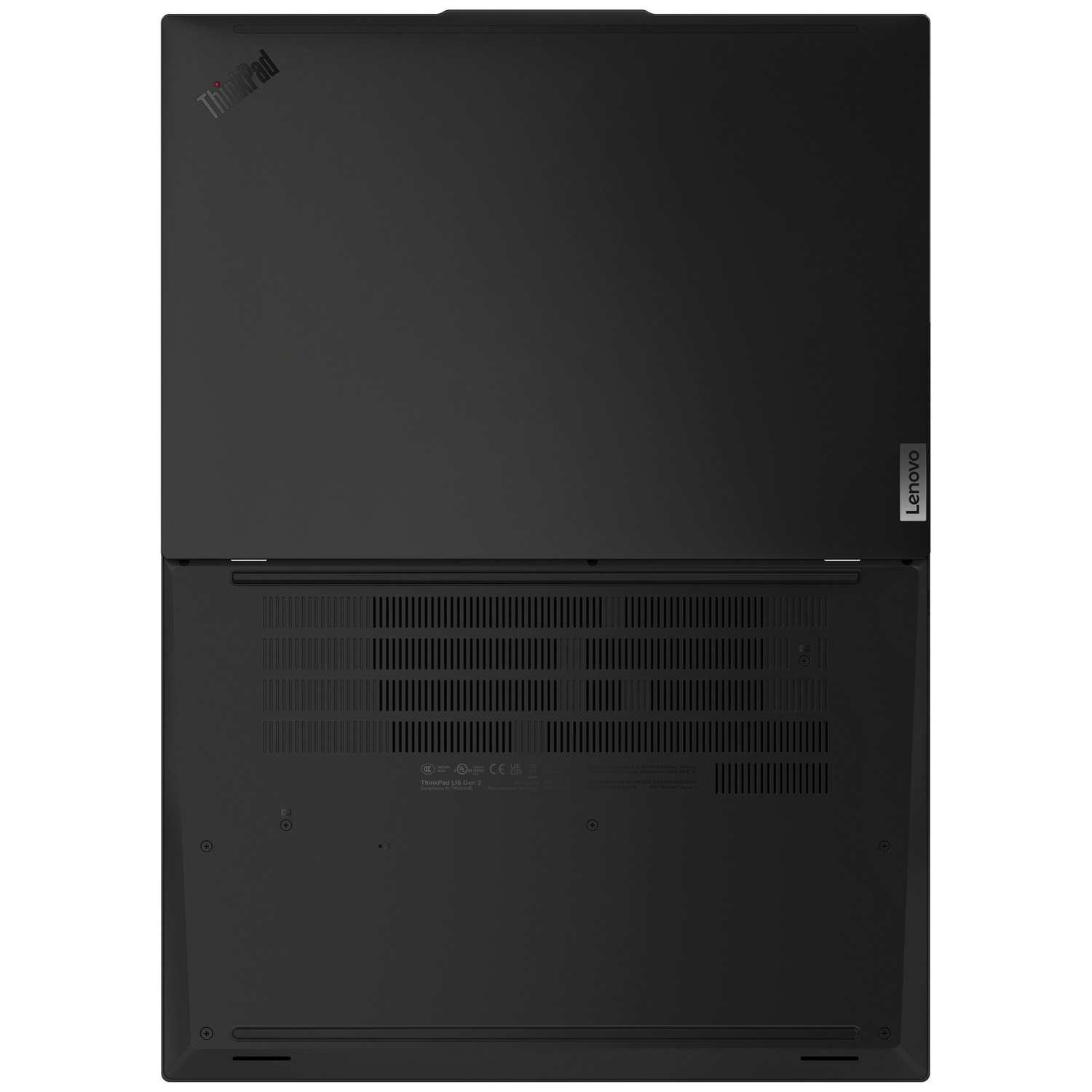 Underside of a black laptop, featuring the ThinkPad logo top-left and ventilation grilles.