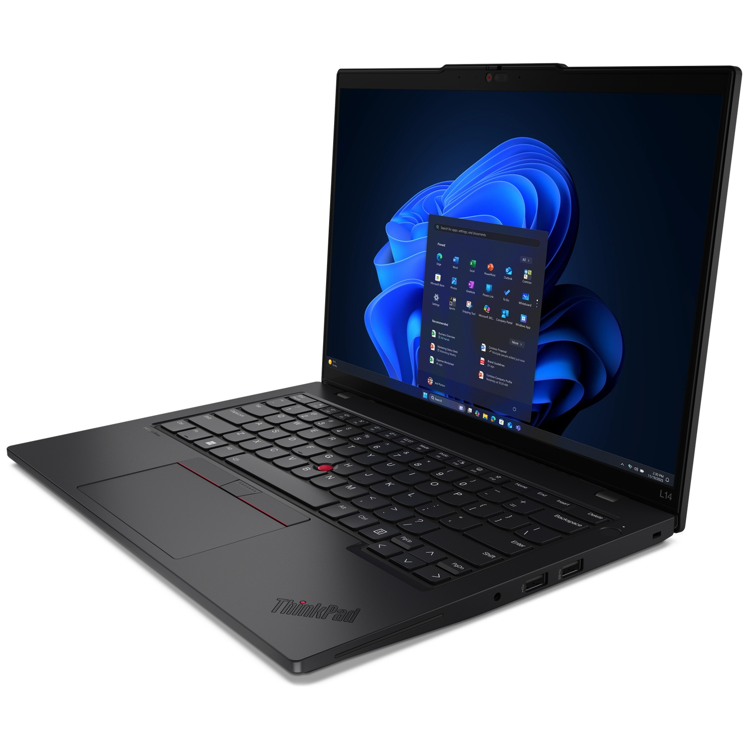 A black Lenovo ThinkPad laptop is open, showing a blue abstract wallpaper and open applications.
