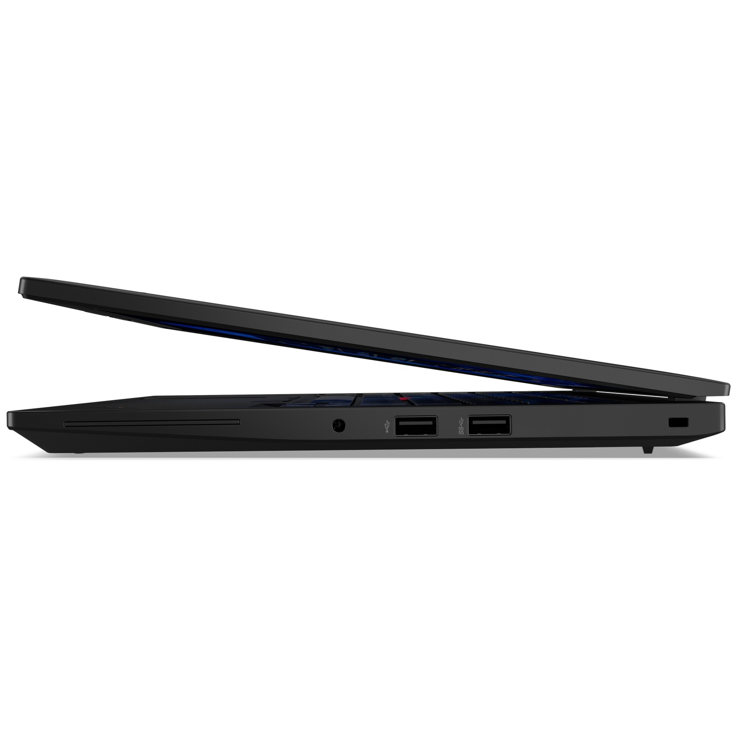 Side view of a black laptop with screen open, showing USB ports.