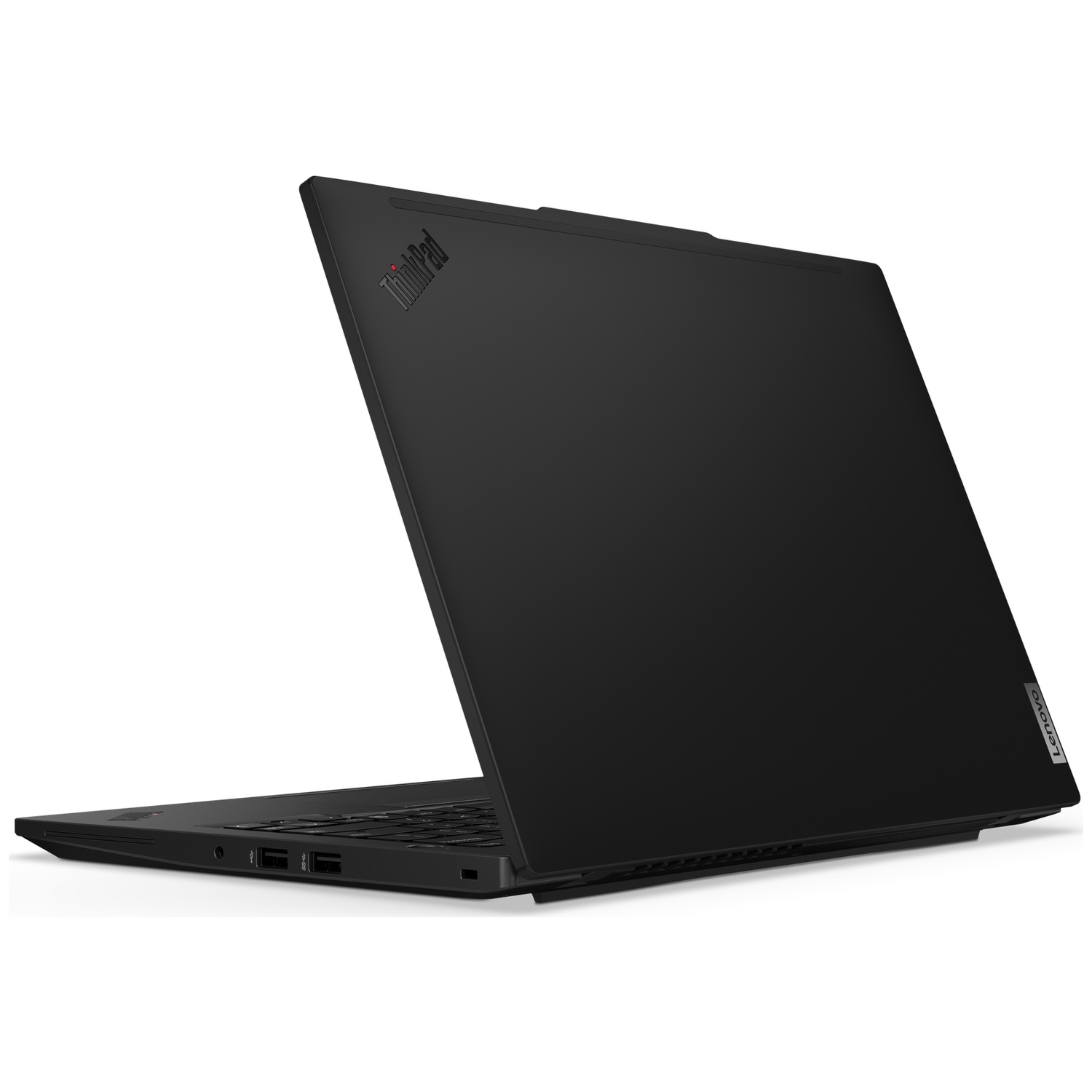 A black Lenovo ThinkPad laptop is shown from a low angle, with its lid open.