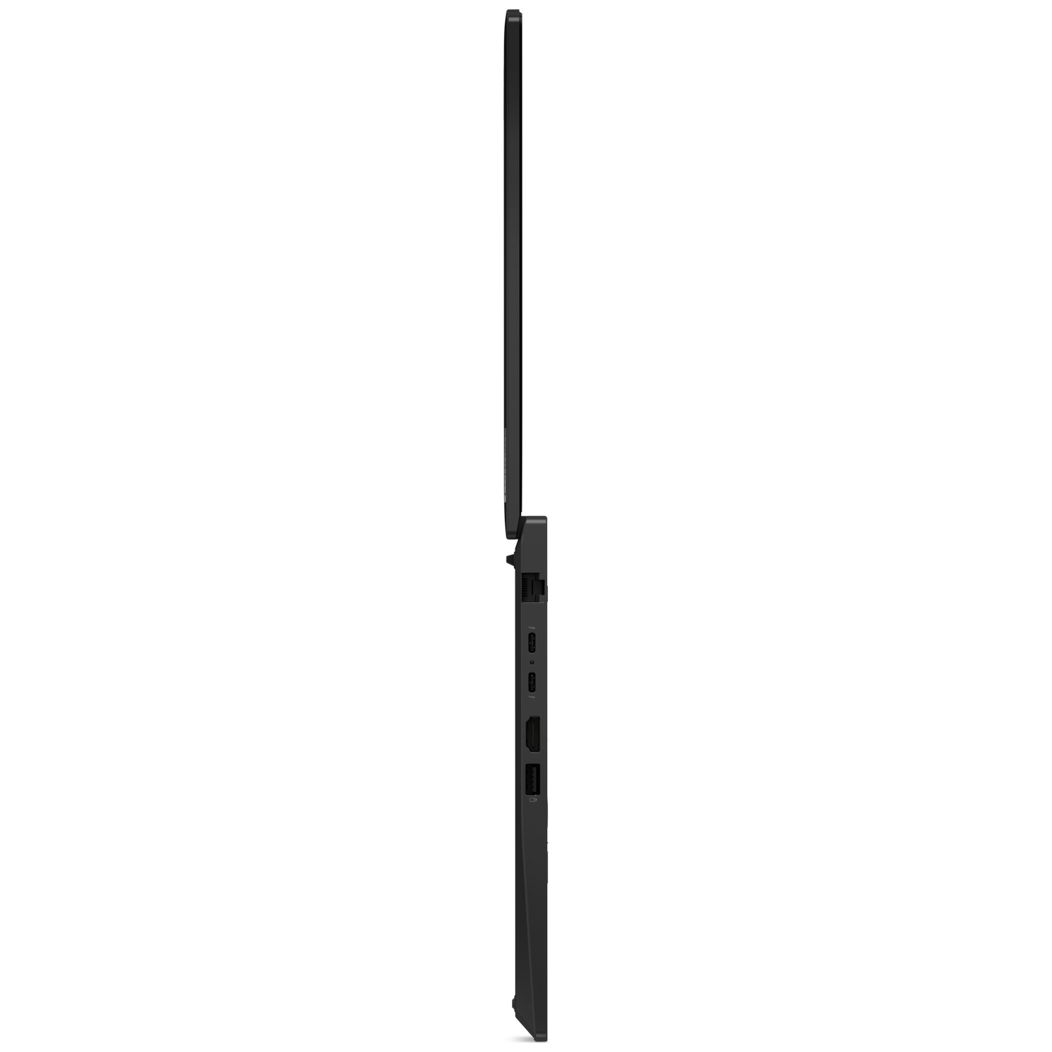 Black laptop in profile with screen open and ports on the side.