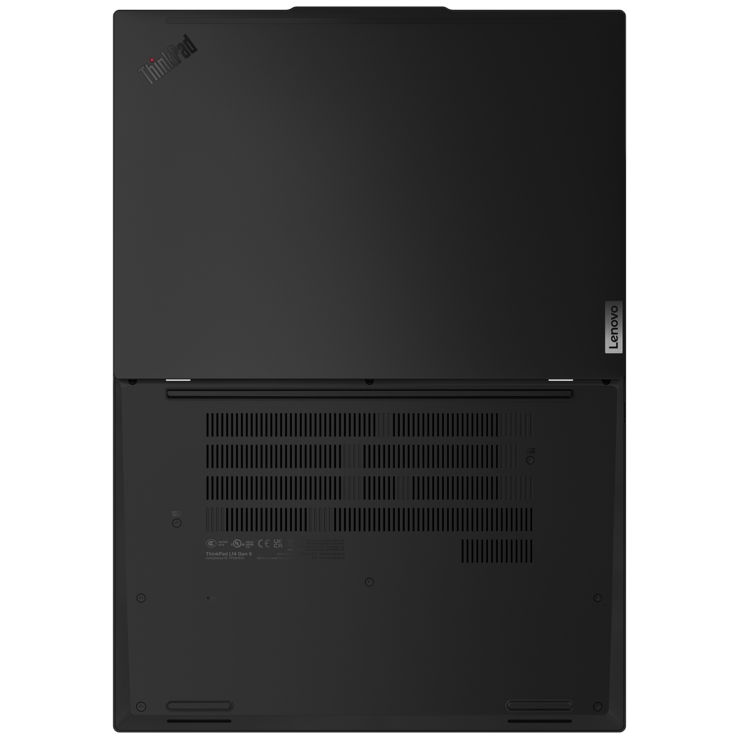 Black Lenovo ThinkPad laptop viewed from below, showing vents and product information.