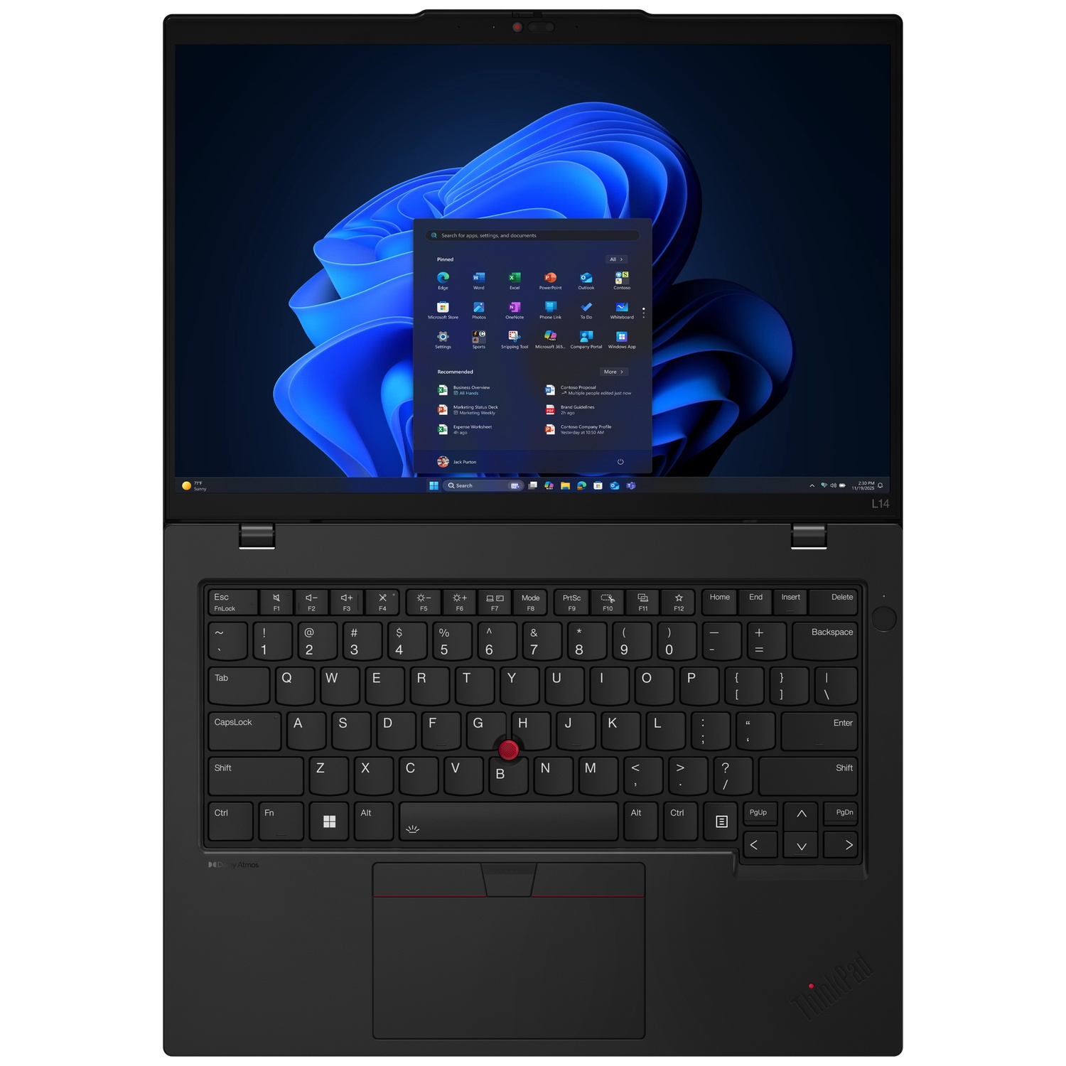 A black Lenovo ThinkPad laptop is open, showing the Windows 11 start menu on its screen.
