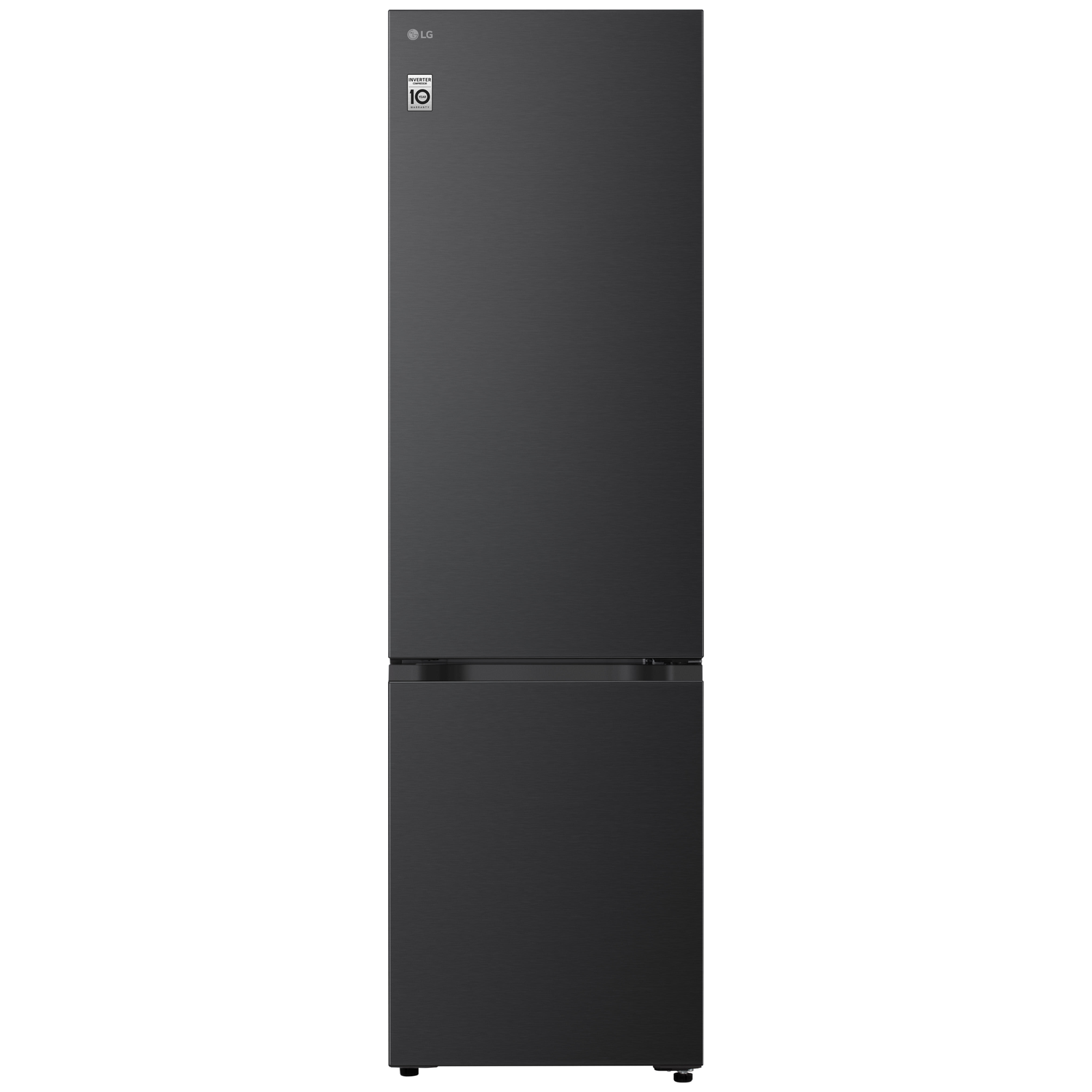 A modern, black LG refrigerator with inverter 10 year warranty logo.