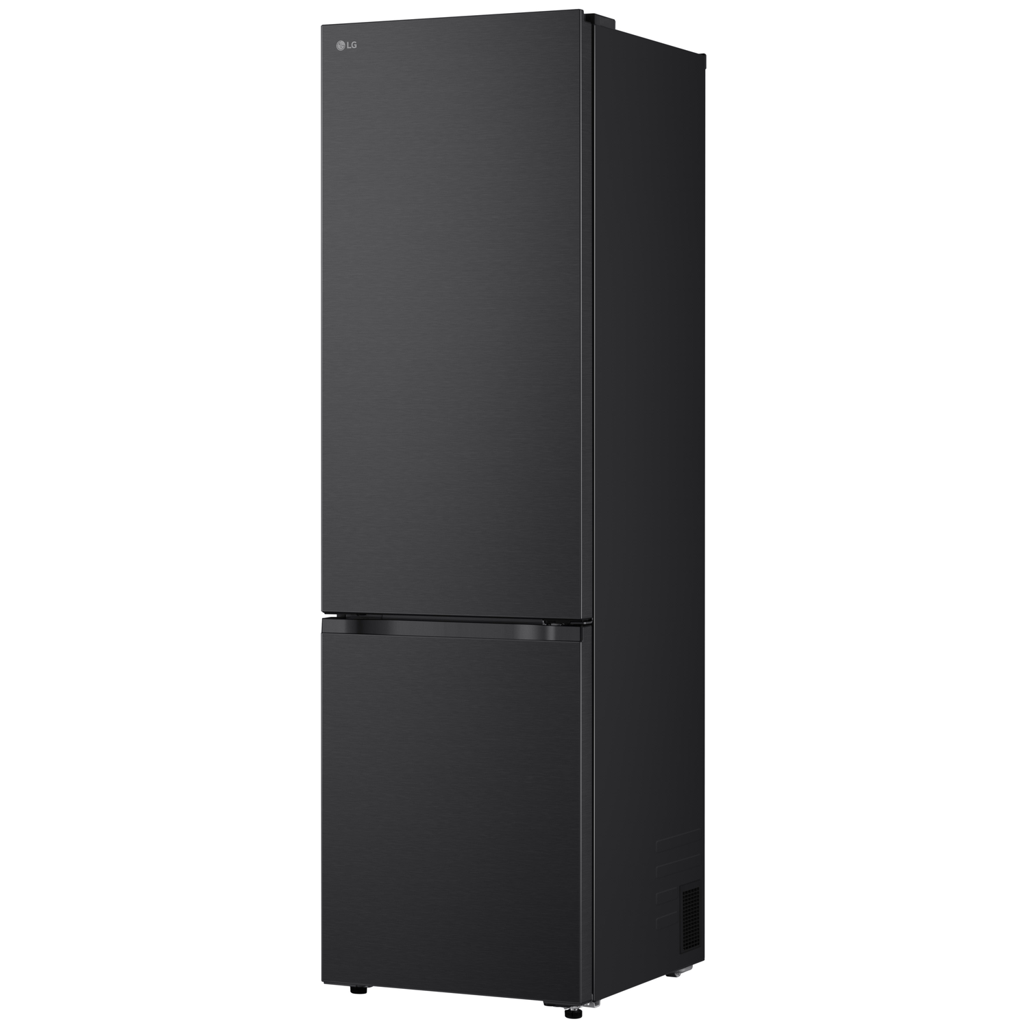 A sleek, black LG two-door refrigerator stands against a white background.