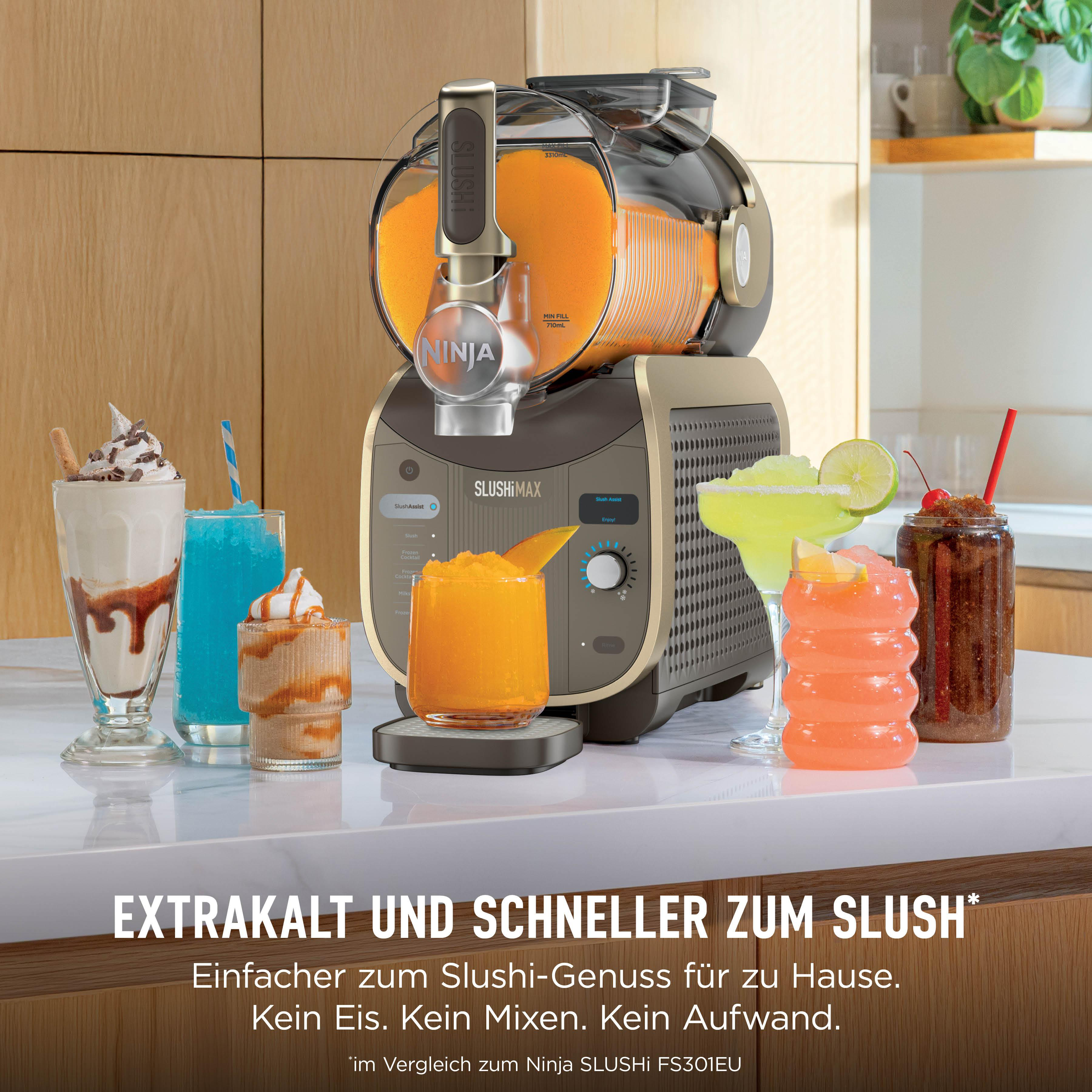 Ninja Slushimix mit bunten Slush-Getränken und Milchshakes auf einer Arbeitsplatte.