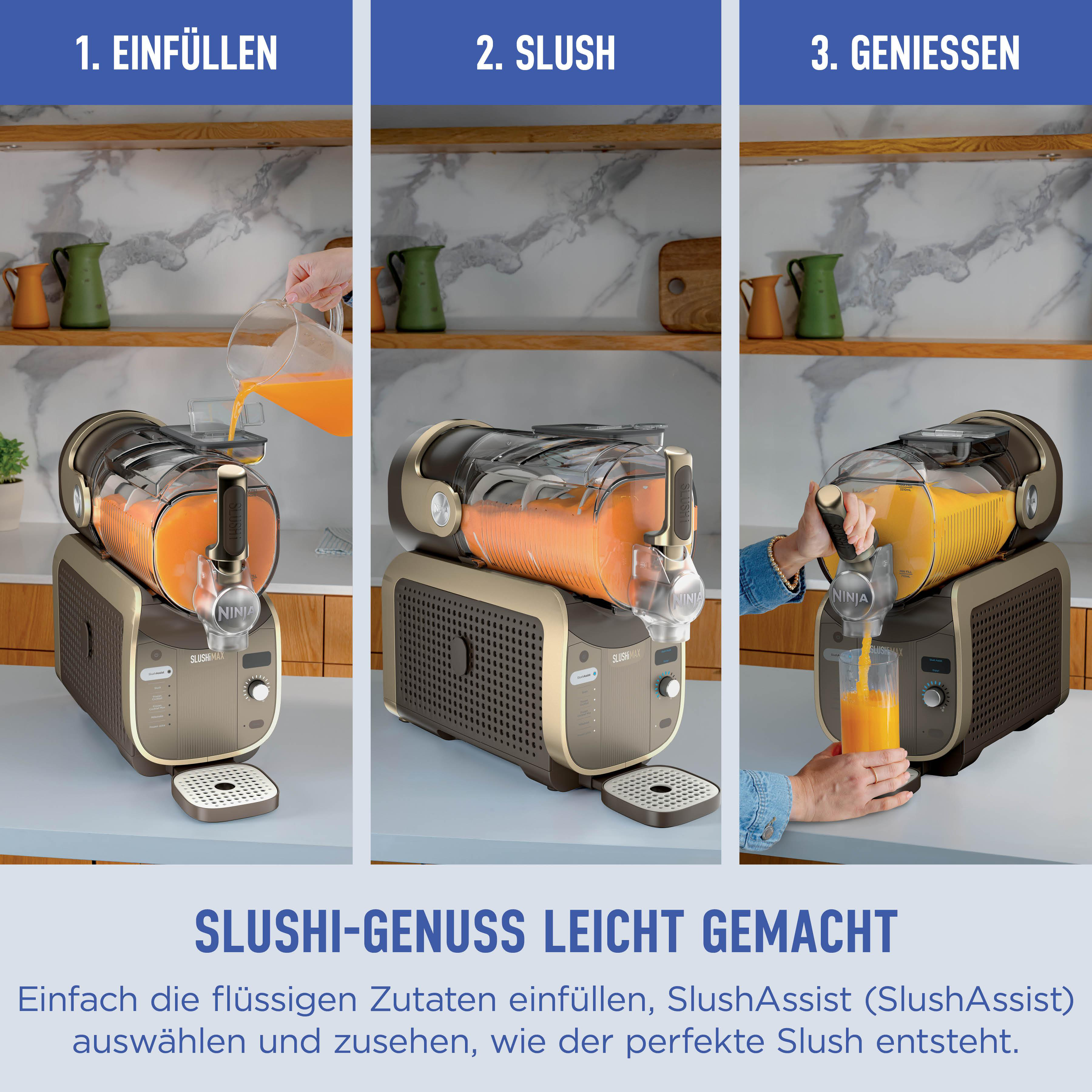 Ein Slush-Maker wird in drei Schritten gezeigt: Befüllen, Slush machen, genießen.