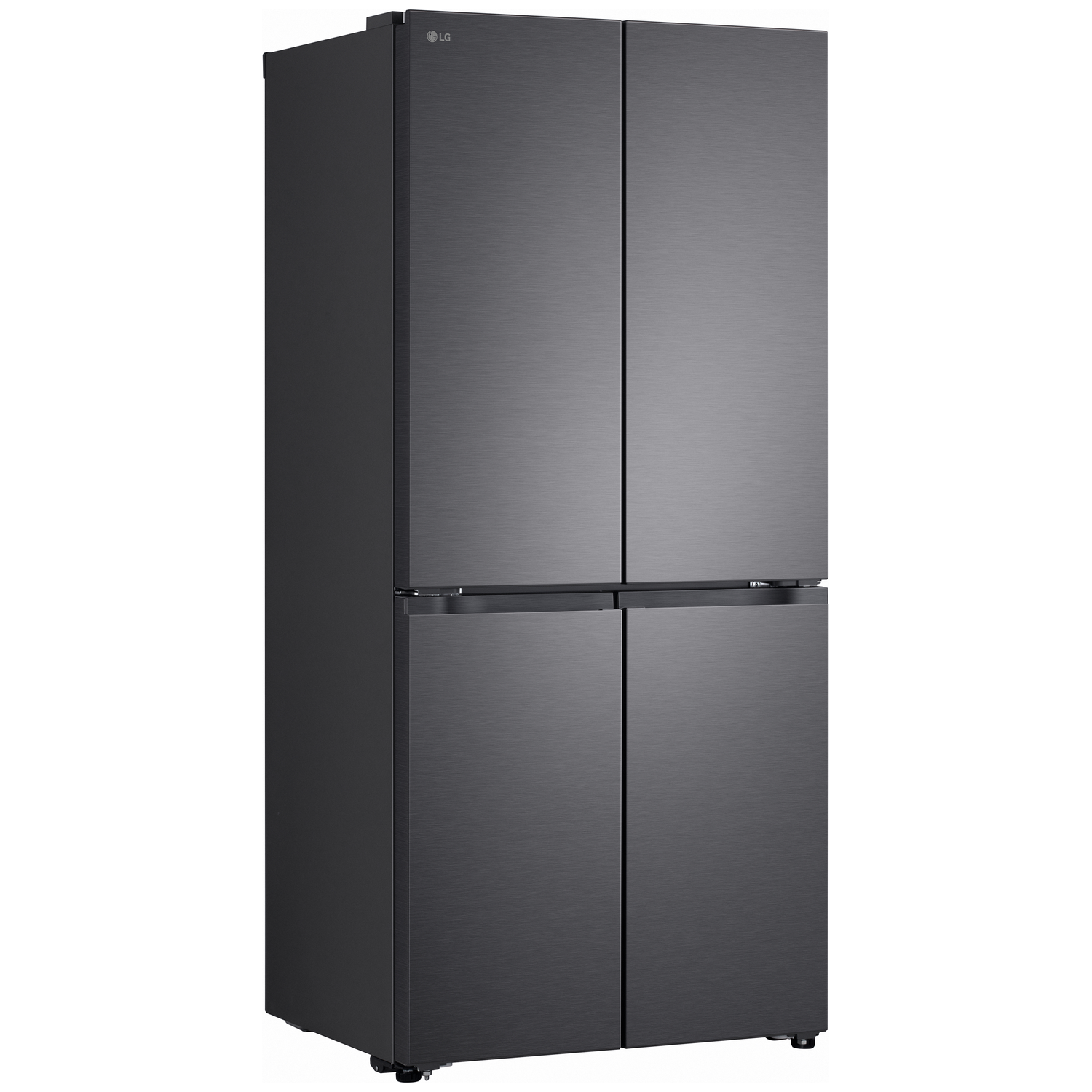 A dark, four-door refrigerator with an LG logo at the top.
