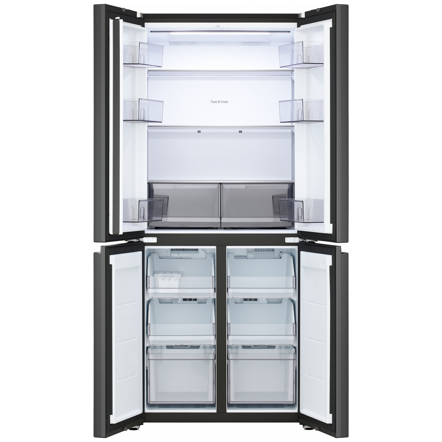 Open dark grey refrigerator with clear shelves and drawers. Top section has Pure N Fresh label.