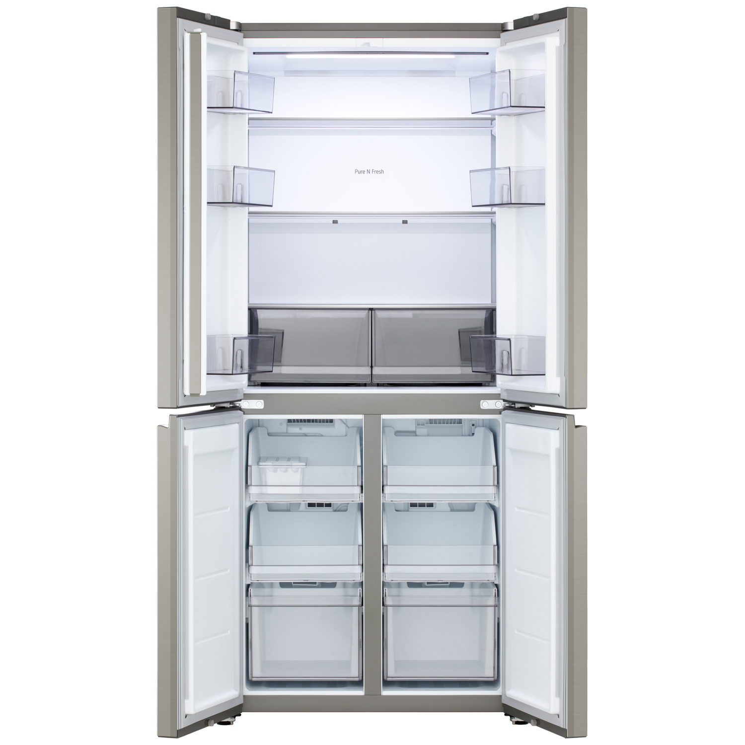 An open, silver, four-door refrigerator with empty shelves and drawers.