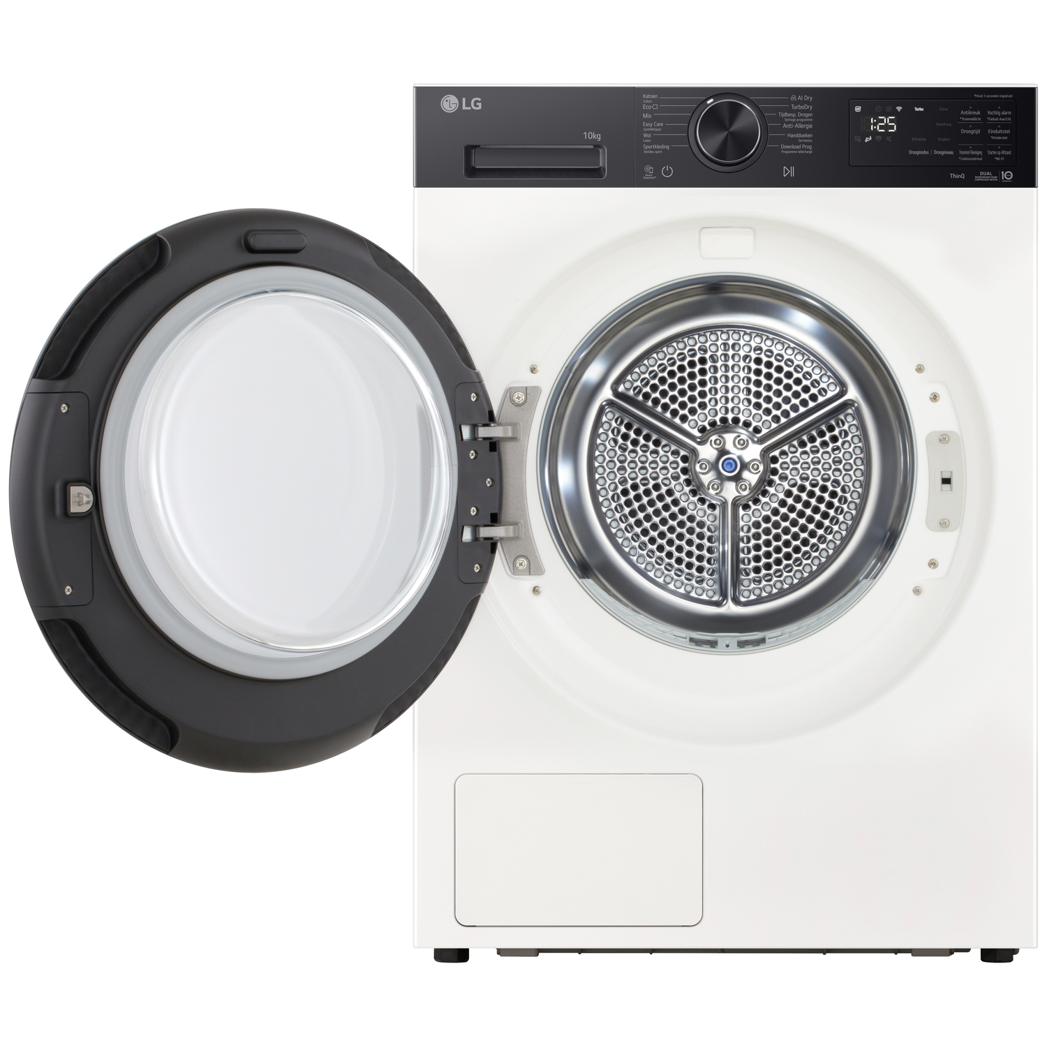 Een witte LG wasmachine met de deur open, die de zilveren trommel toont.