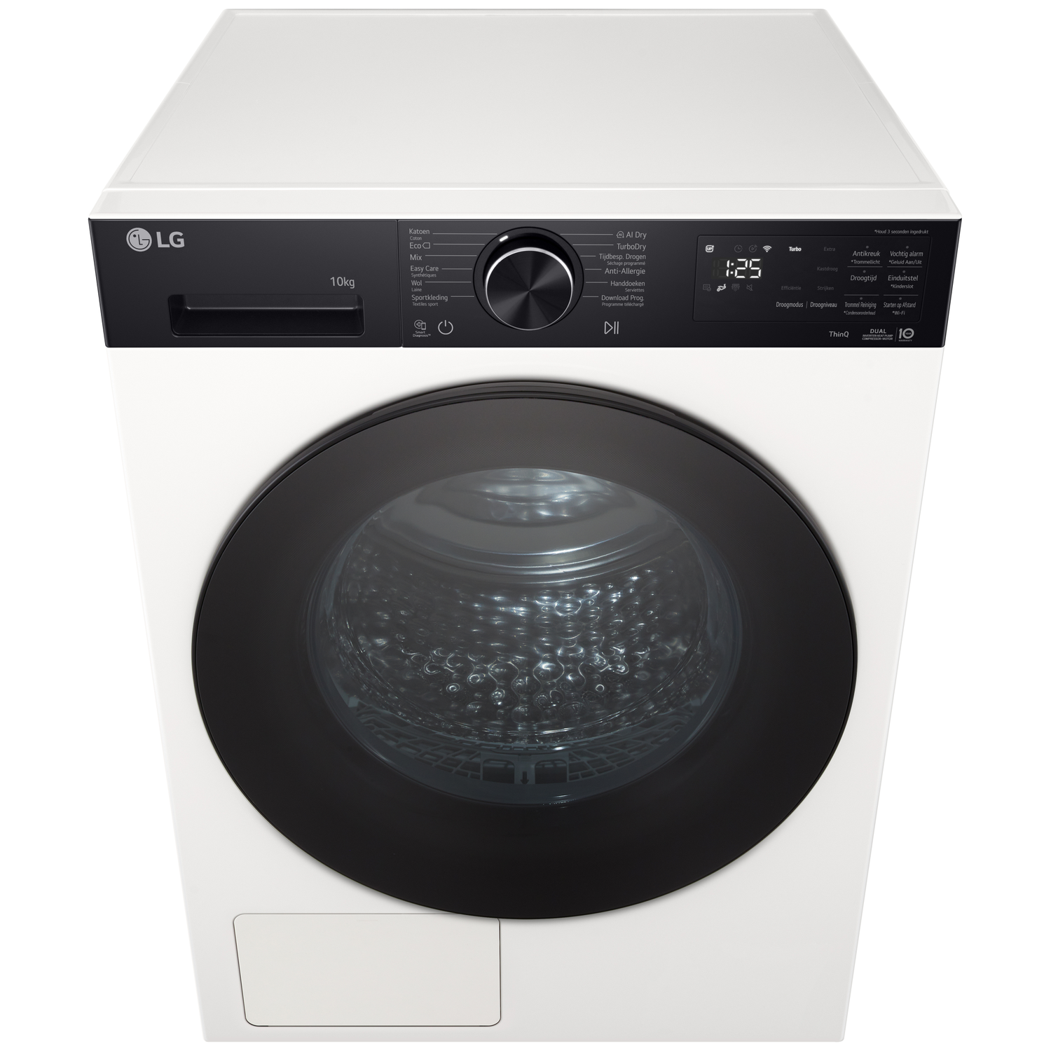Een witte LG wasmachine met een zwart deur en bedieningspaneel.