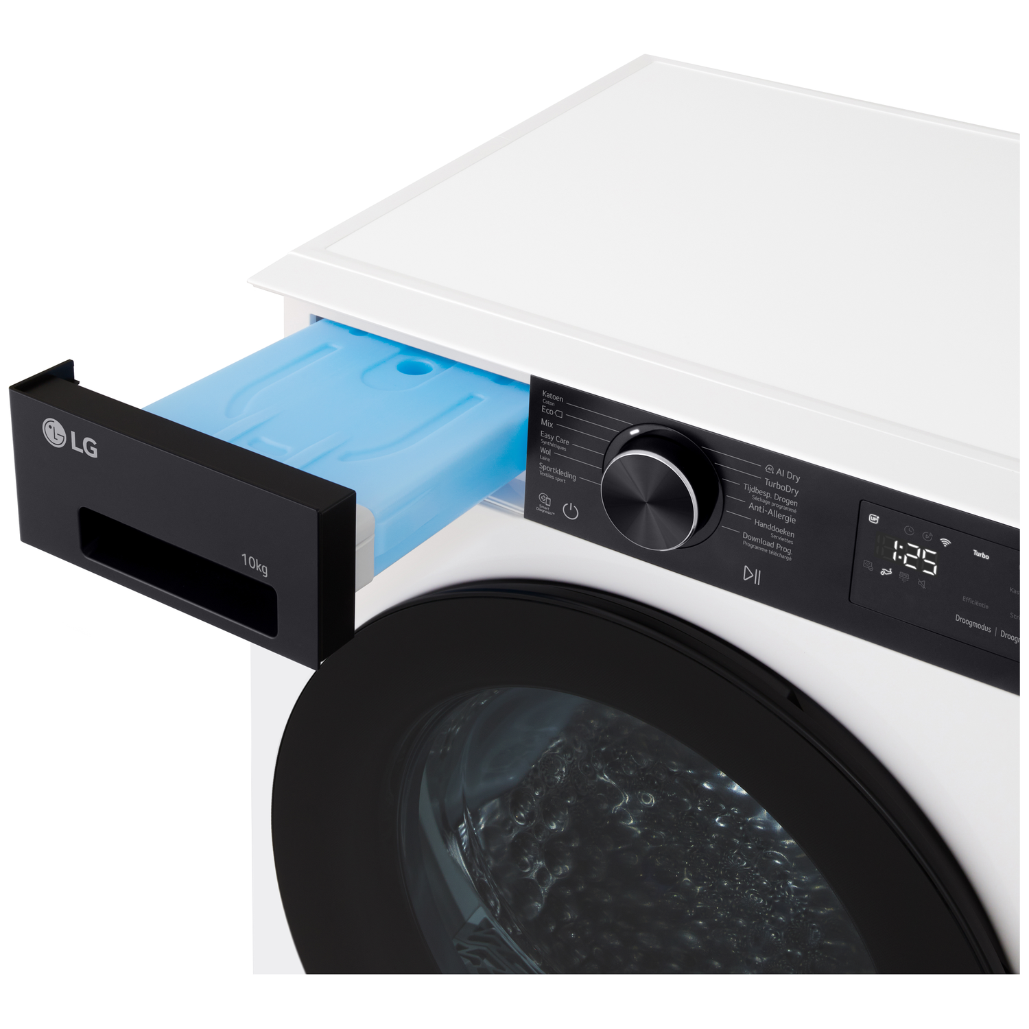 Witte LG wasmachine met uitgetrokken lade en blauw element. Display toont 1:25.