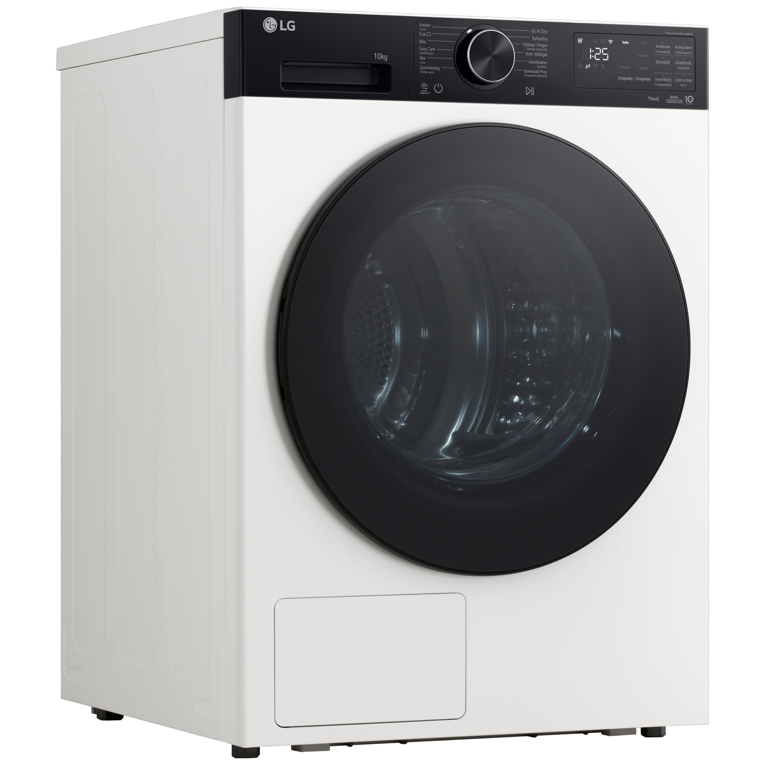 Witte LG wasmachine met zwarte deur en bedieningspaneel.