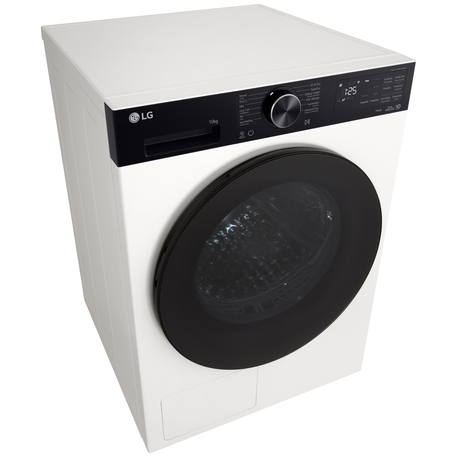 Witte LG wasmachine met zwart deur en bedieningspaneel. LG logo linksboven.