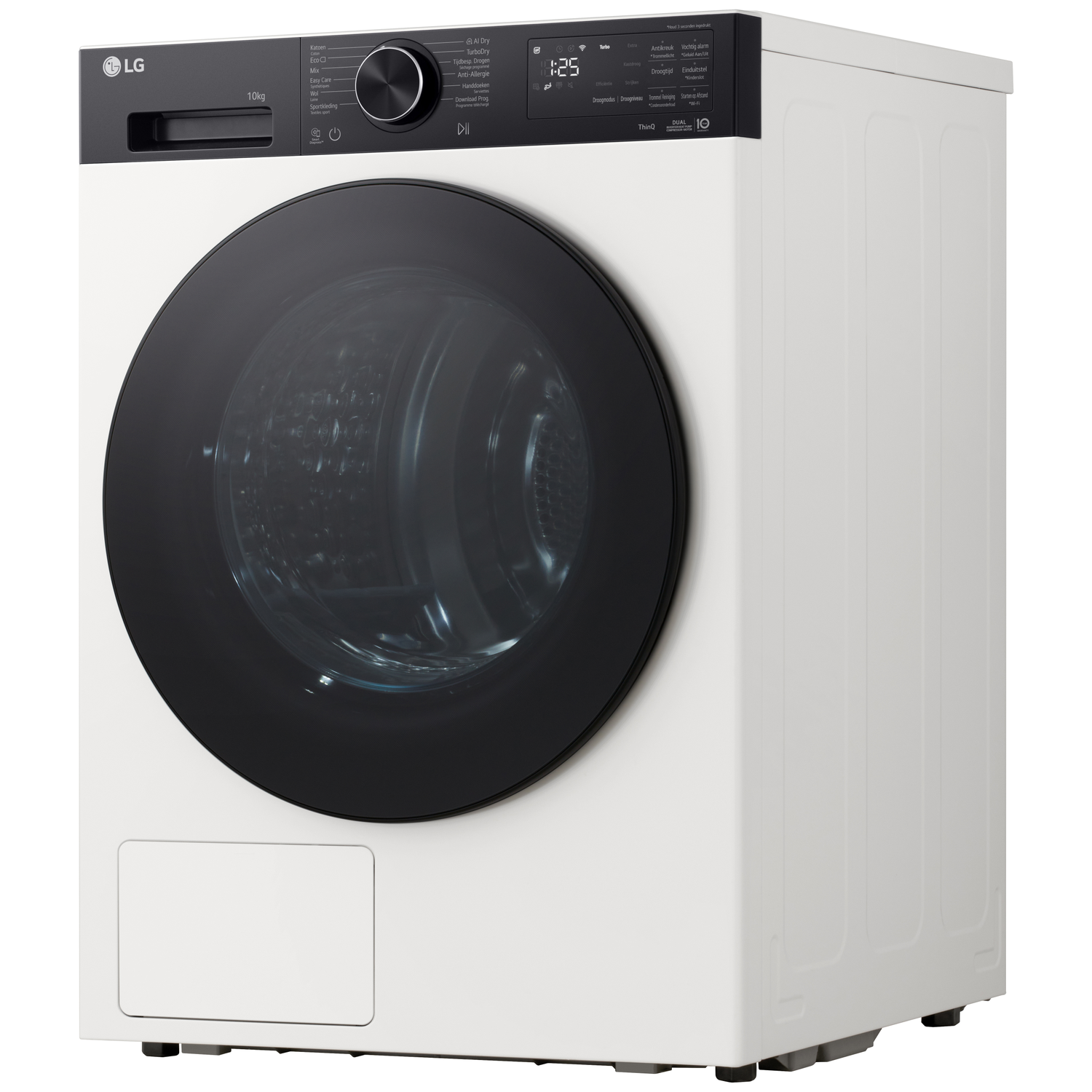 Witte LG wasmachine met zwarte deur en bedieningspaneel.