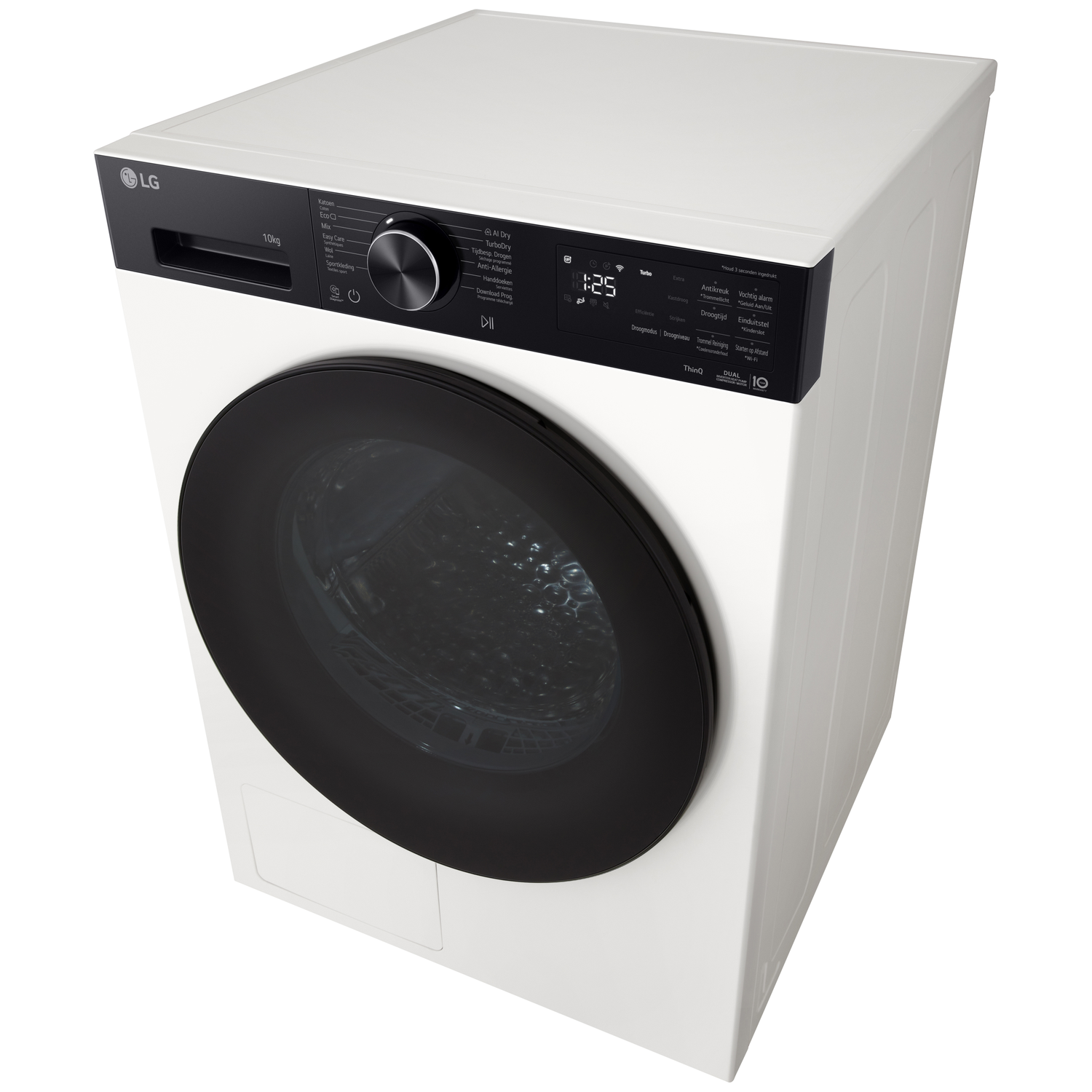Witte LG wasmachine met zwarte deur en bedieningspaneel. Toont programma's en tijd.