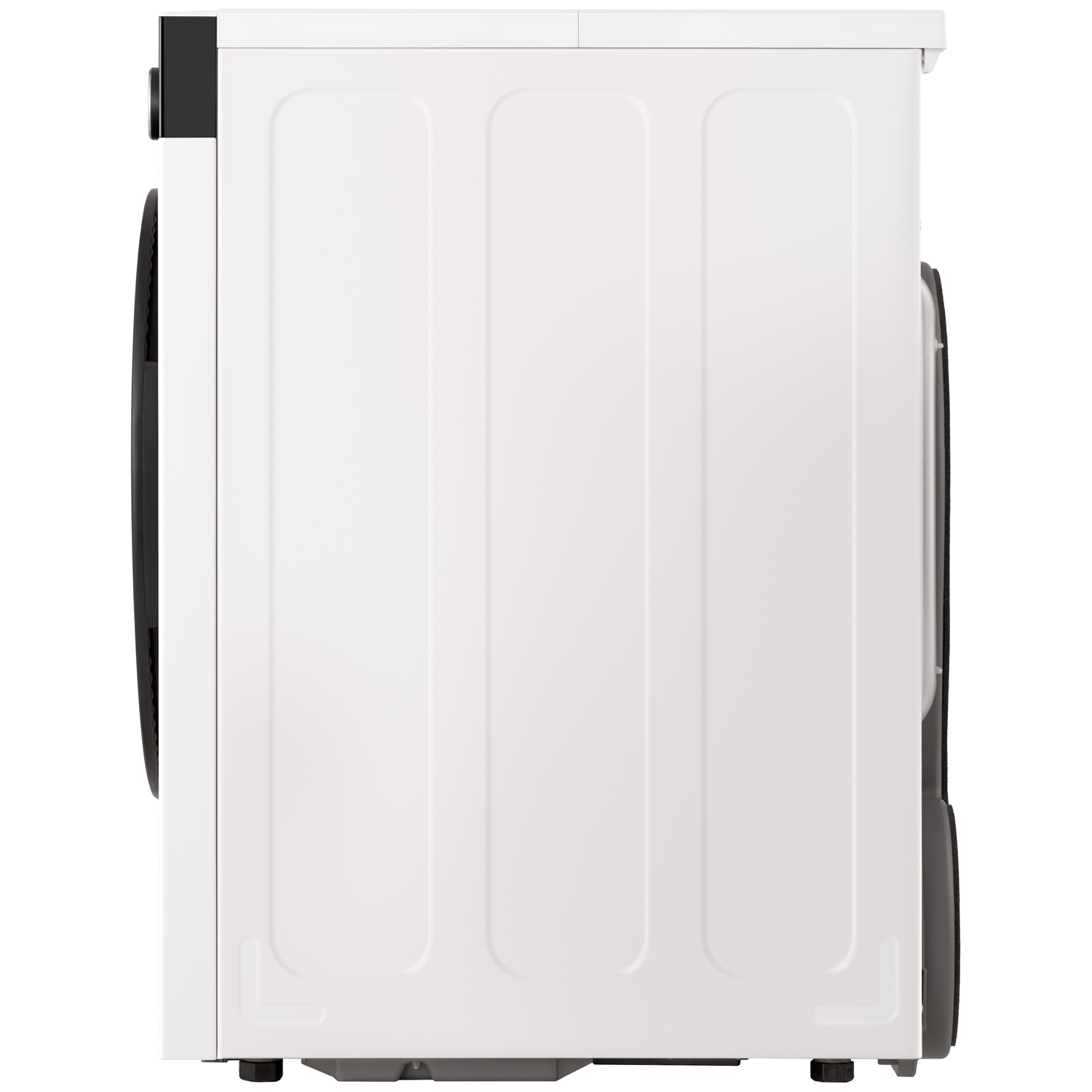 Witte wasmachine van de zijkant, met zwart bedieningspaneel en deur.