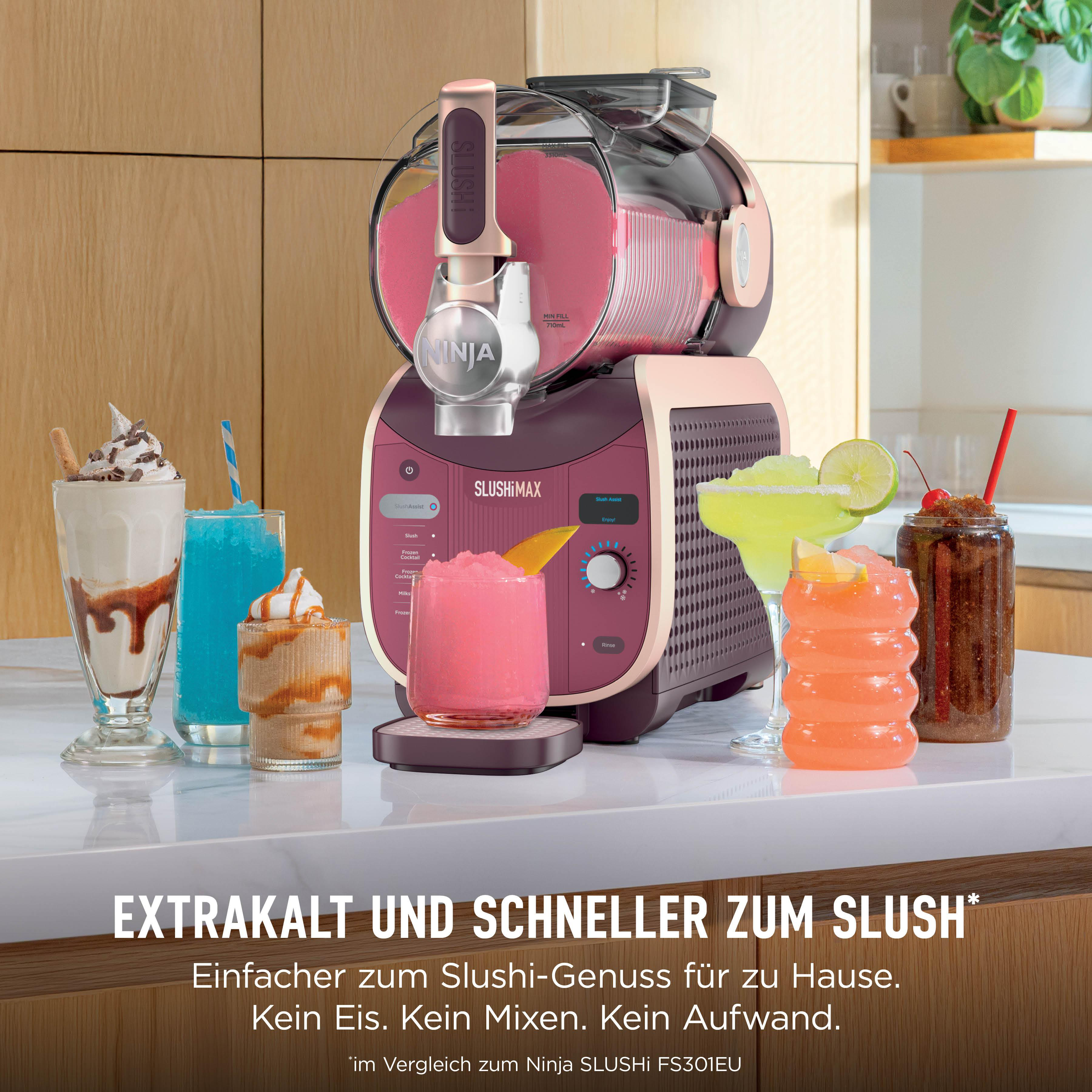 Ein Ninja Slushimaker mit mehreren gefrorenen Getränken auf einer Arbeitsplatte.